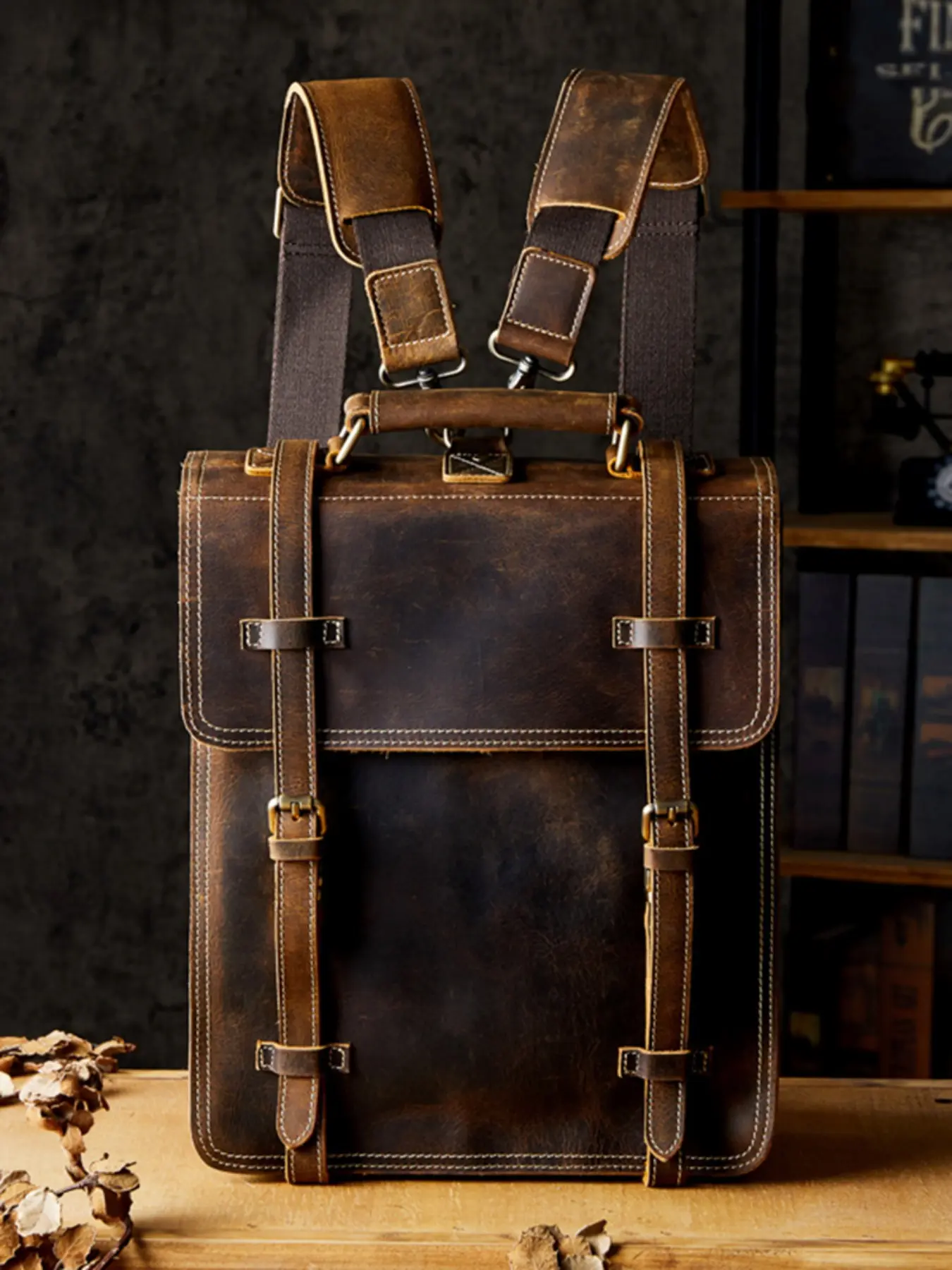Handmade Vintage Crazy Horse Leather Backpack for Men, Multi-Functional Top Grain Cowhide Bag, Casual Daypack Backpacks Genuine Leather Shoulder Crossbody Bag