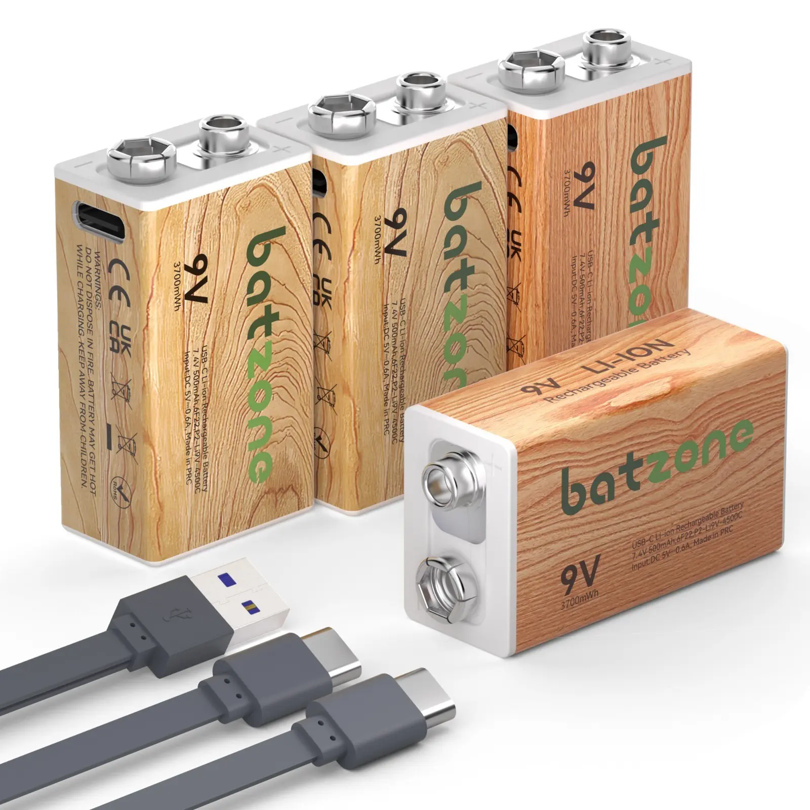 4 Pack 9 Volts 3700mWh Rechargeable Lithium ion Battery With Type C Port + USB Type-C Cable