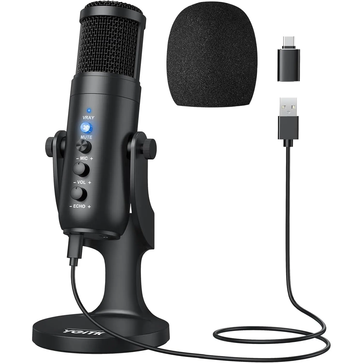 USB Condenser Microphone for Computer – Plug & Play PC Mic with Echo Mic Gain, Volume Control, and Mute Button – Cardioid Polar Pattern, Noise Cancelling, Headphone Output for Gaming, Streaming
