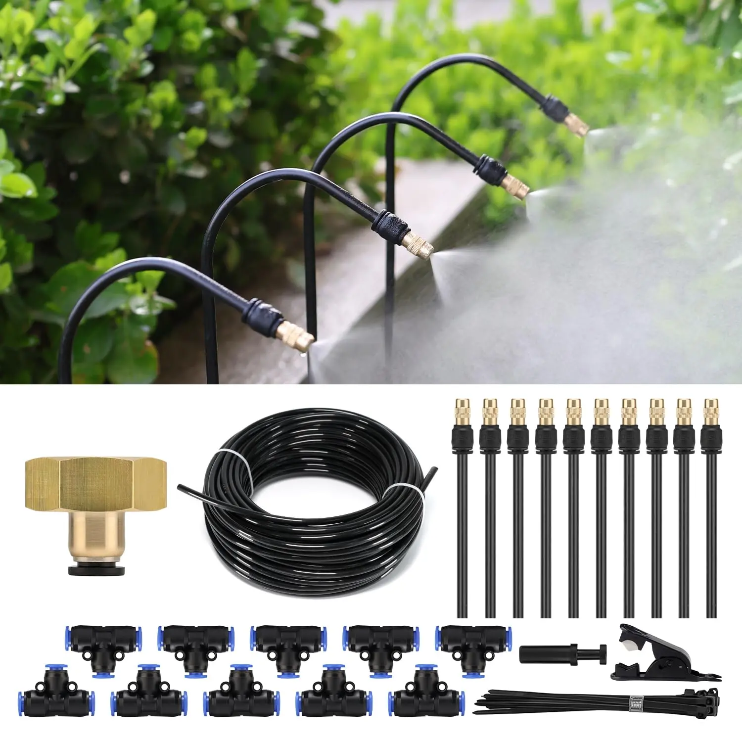 30FT Drip Irrigation System, Complete Garden Watering Kit with Rust-Proof Copper Nozzles - UV Stabilized Flexible Hose for Lawn, Greenhouse, Patio