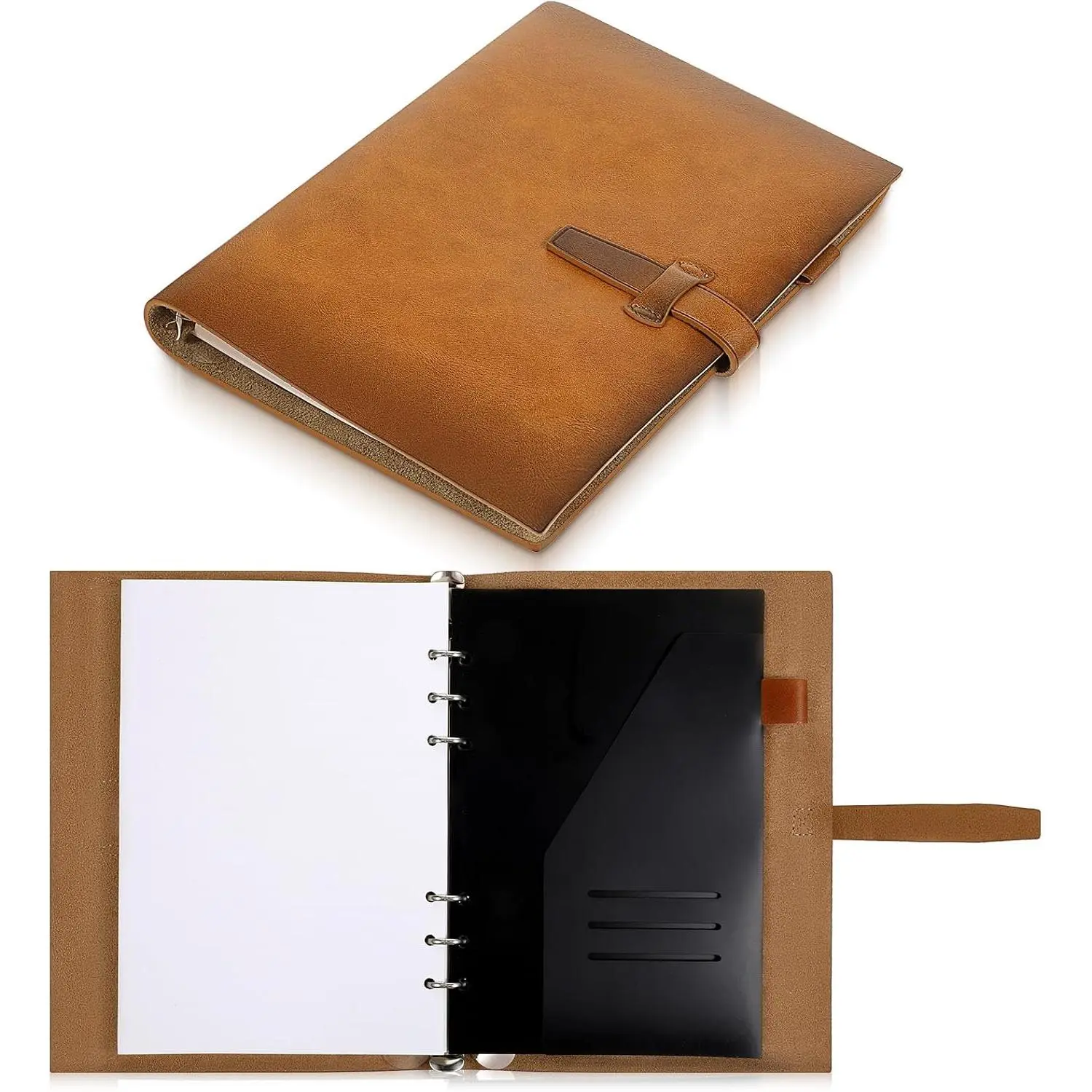 Refillable A5 Leather Binder Notebook, 6-Ring Metal Binder Genuine | Leather Journal with Pocket, Card Slots, Pen Holder, Removable 160 Pages Lined Paper,  Planner for Daily Writer Work
