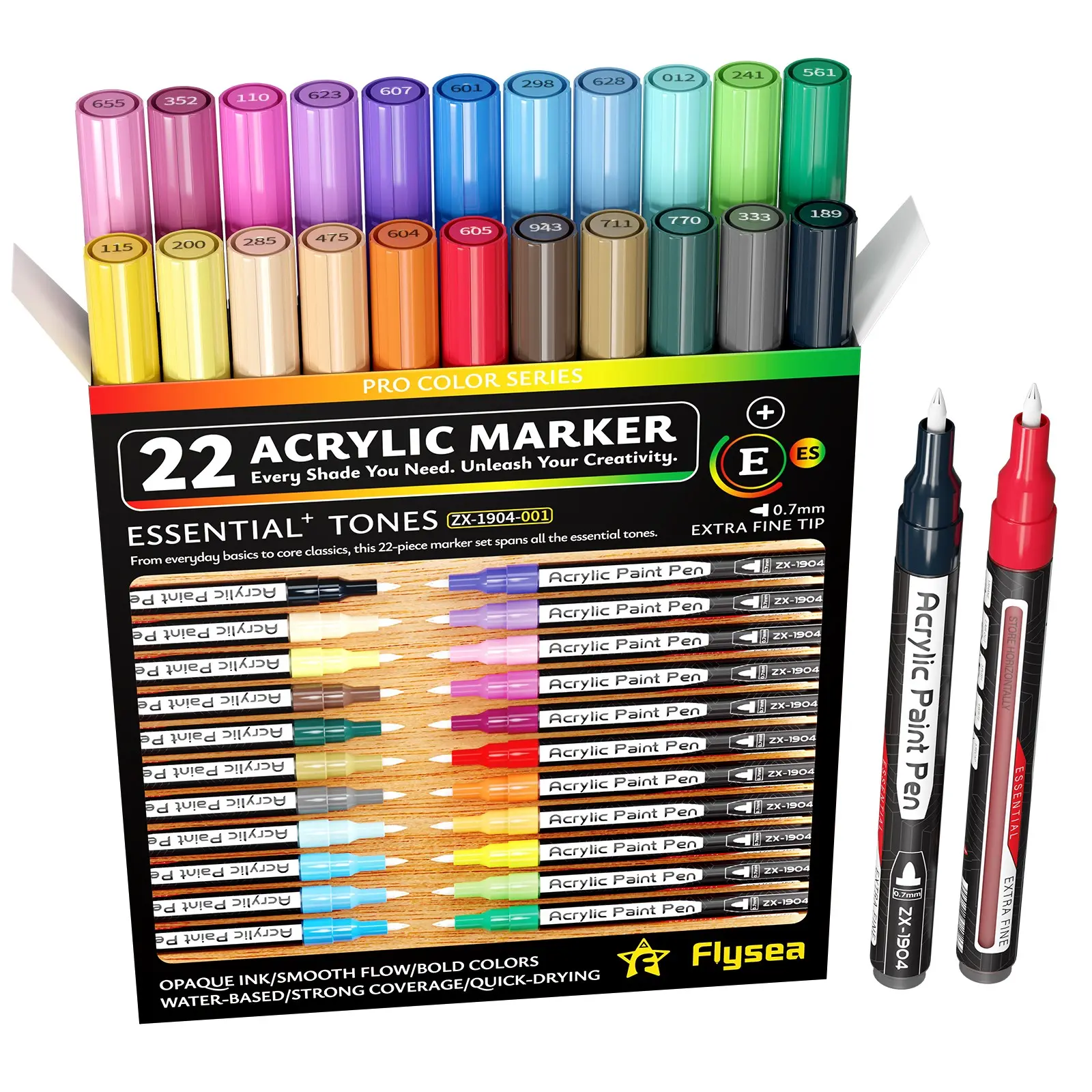 Flysea Acrylic Paint Marker Set, Acrylic Drawing Markers, 22 Colors, Fine Tip 0.7mm, Quick-Dry, Visible Ink Window, Ideal for Stone, Wood, Metal, Glass, Canvas