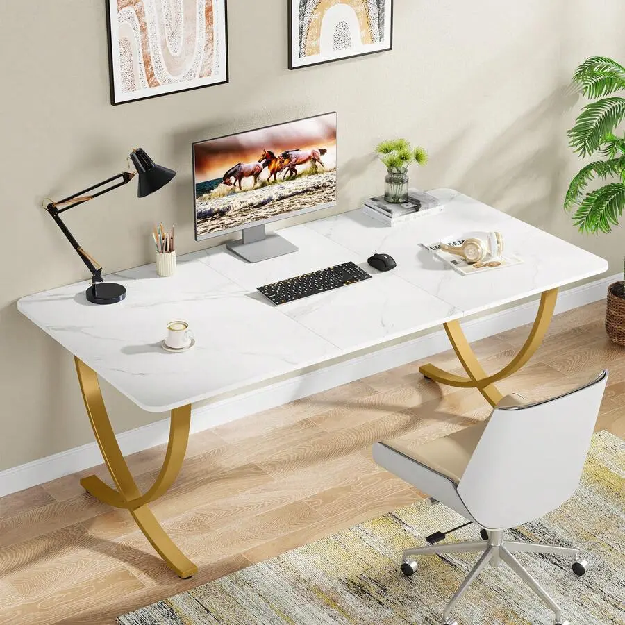 63" W X 31.5" D Executive Office Desk, Large Modern Computer Desk & Conference Table, Multipurpose Meeting Room Furniture, White And Gold Home Office