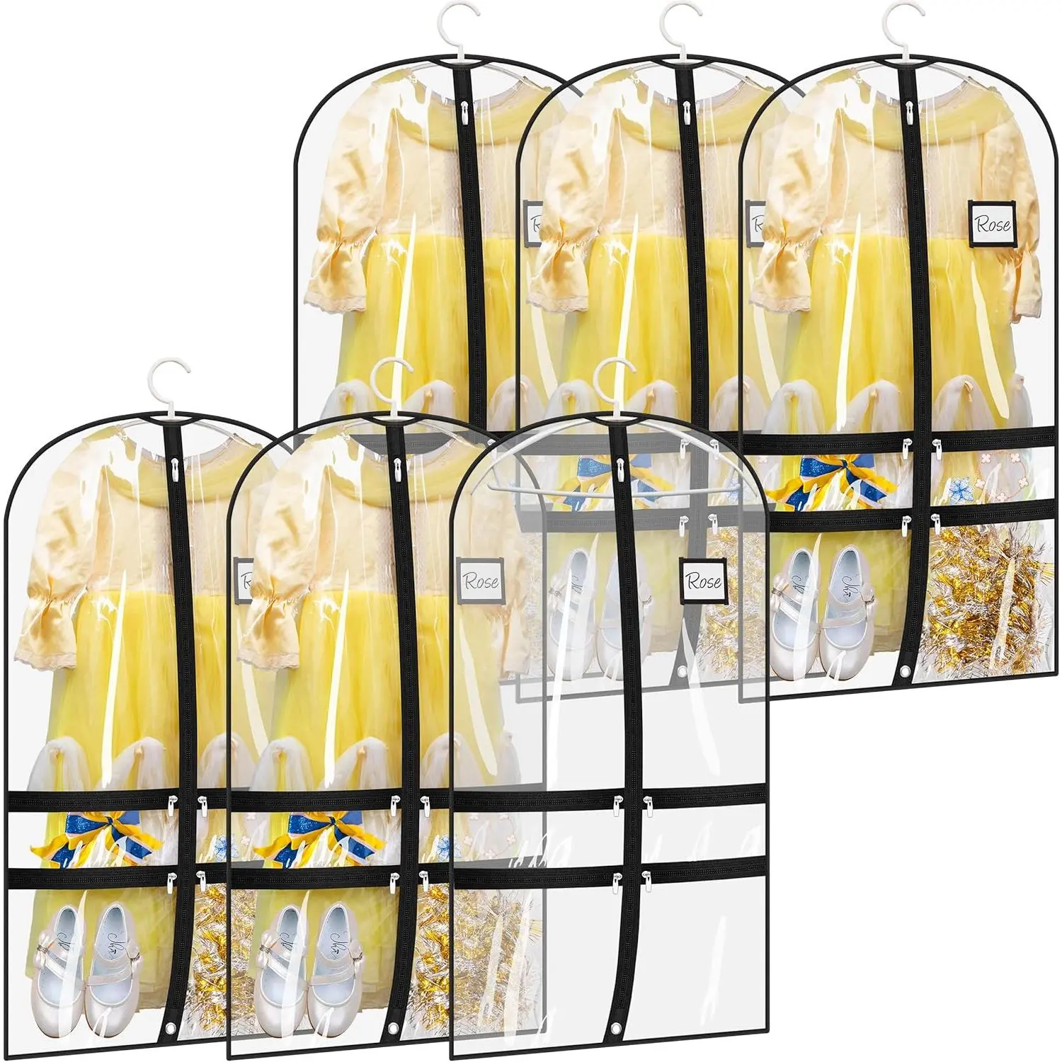6 Packs Clear Dance Garment Bags for Dancers with 4 Pockets, 40" Kids Dance Costume Garment Bag for Travel and Dance Competition, Hanging Clothes Storage for Dress Uniform, Black
