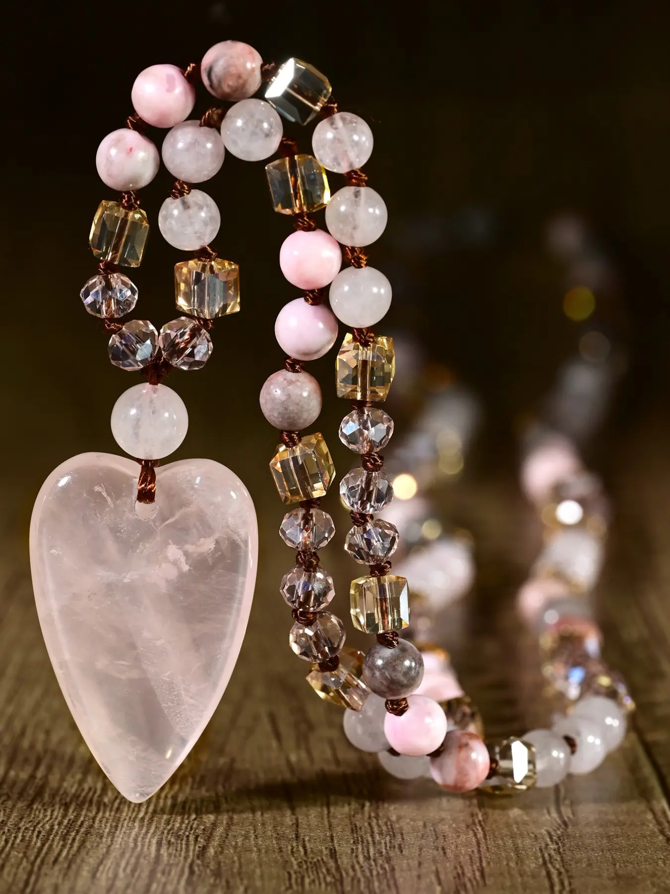 Bohemian Heart Pendant Necklace, 108 Beads Hand-Tied Jasper & Quartz, Glitter Style Faceted Crystal Chain, Crystal Beaded Long Necklace