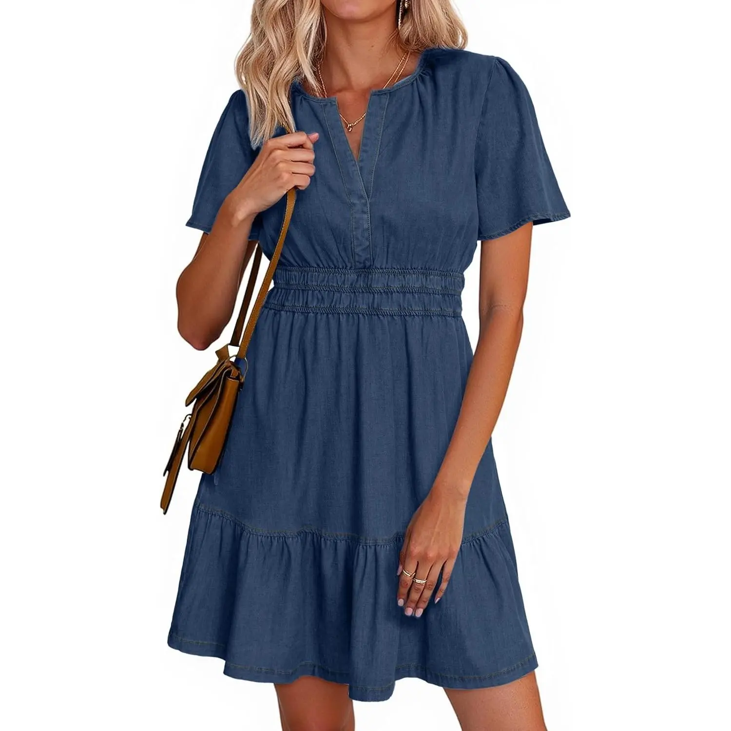 Women's Viscose Smocked Stretchy Short-Sleeve Tiered Mini Denim Dress - Casual Western Cowgirl Beach Outfits with Pockets, Shortsleeve