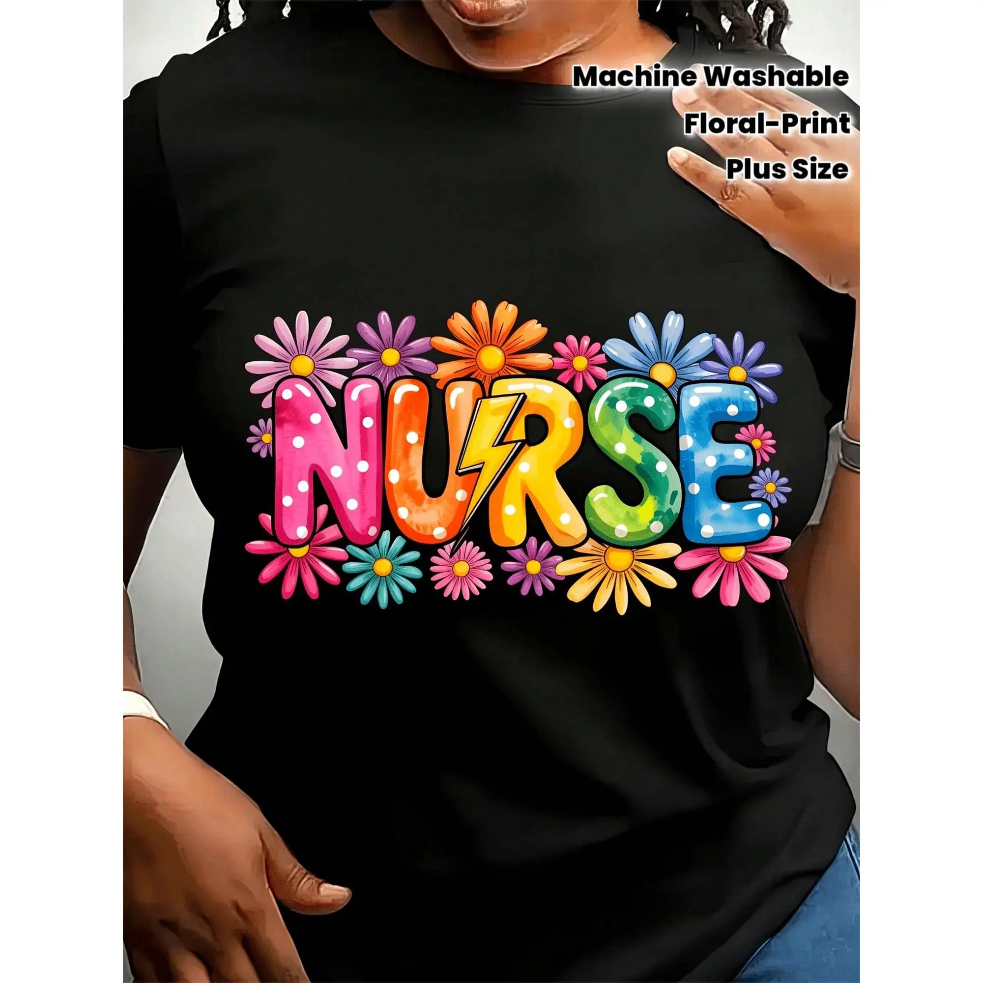 Plus Size Women's Seamless Shortsleeve Cotton Nurse Sports Top - Round Neck, Multi-Color Floral Themed Uniform, Soft Stretchy Fabric, Casual Outdoor Hiking Use, Suitable For Work Shifts, Hiking / Light Outdoor