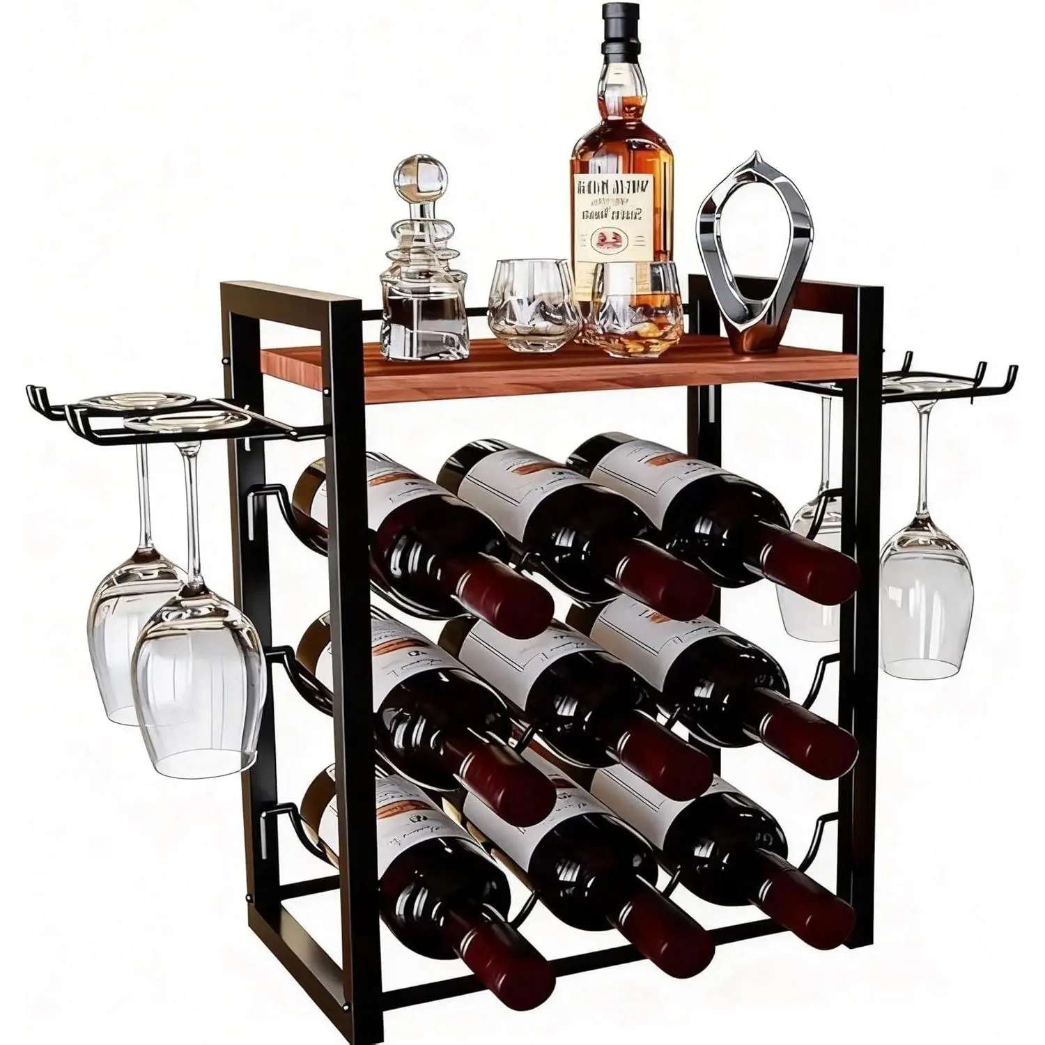 Wine Rack Countertop, Wine Glass Holder and Bottle Holder with Tray | Countertop Liquor Storage, Holds 9 Liquor Bottles and 4 Glasses, Freestanding Liquor Storage for Home, Kitchen, Bar, Cellar