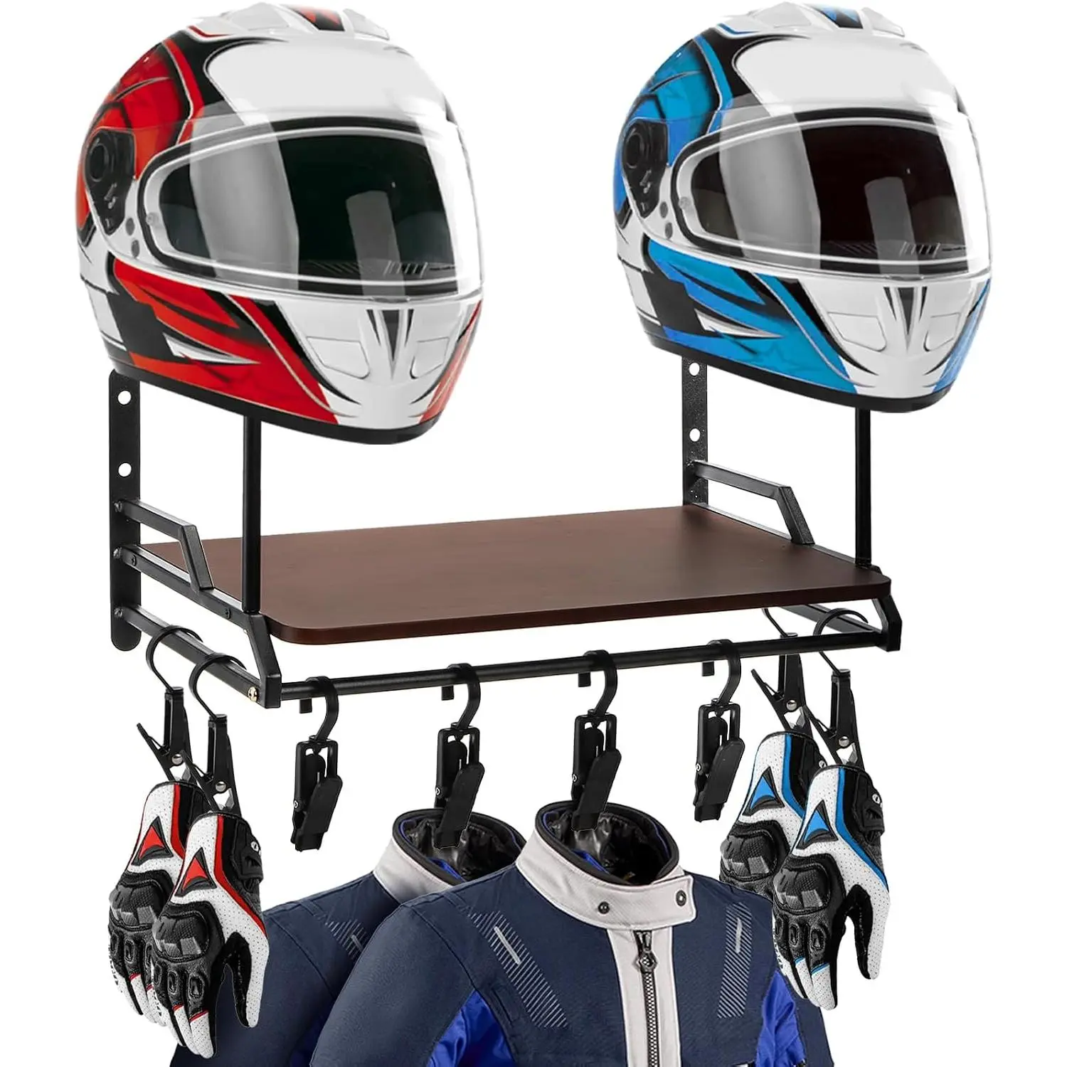 Eorbow Helmet Rack Wall Mount, Heavy-Duty Motorcycle Gear Holder, Helmet Organizer Stand With Wood Board & 8 Hooks, Space-saving Storage Hanger for Police Soccer Cycling Jacket Accessories