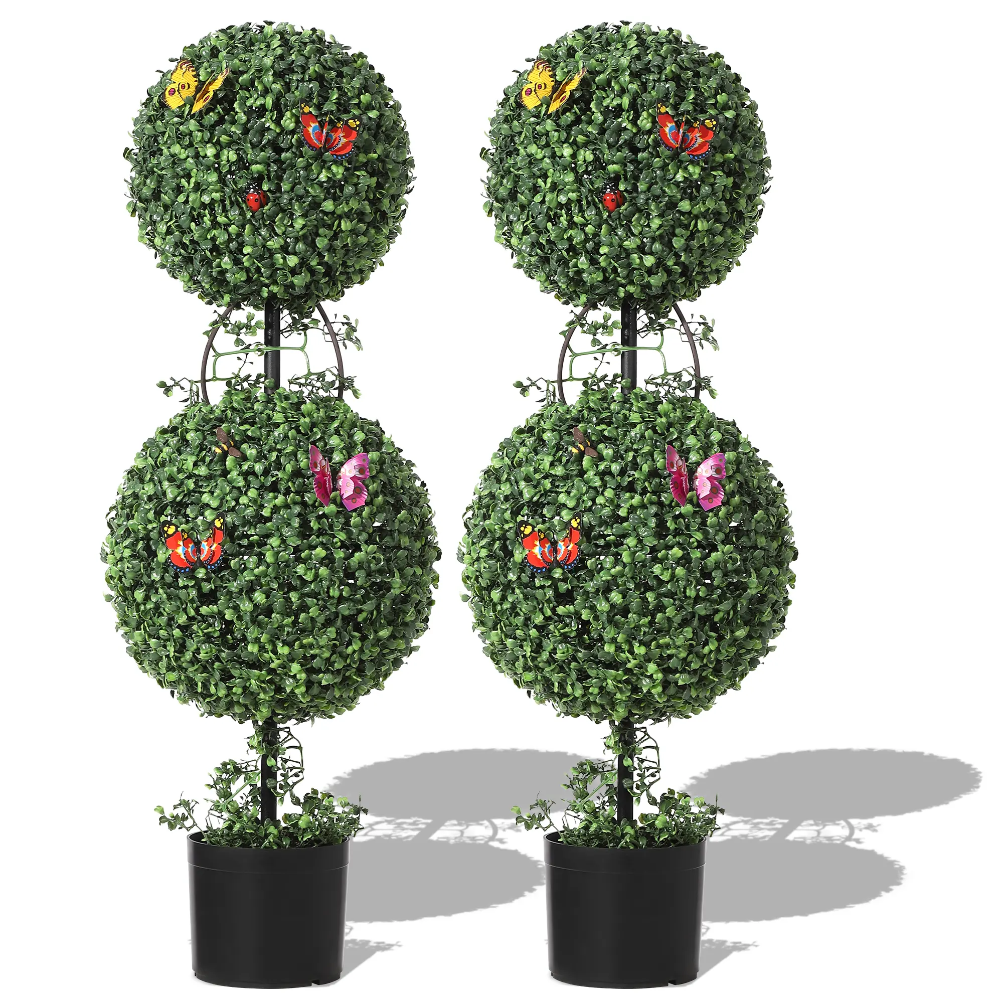 Artificial Double Ball Boxwood Topiary Trees Set of 2 – 3ft Realistic UV-Protected Faux Greenery with Vines & Butterfly Ornaments – Maintenance-Free for Outdoor Porch, Patio, Garden, or Indoor Decor