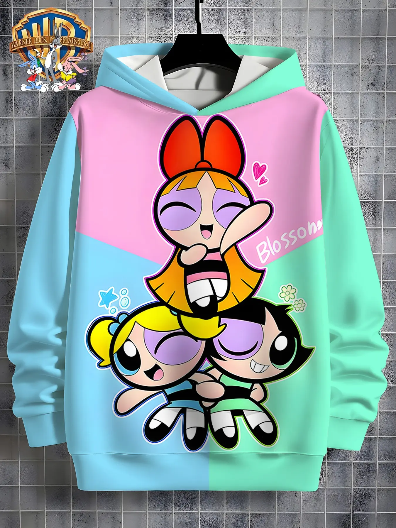 Wb Official the Powerpuff Girls Kids Hoodie, Three Main Characters Colorblock Cartoon Top, Girl Back-To-School Trendy Hooded Sweatshirt