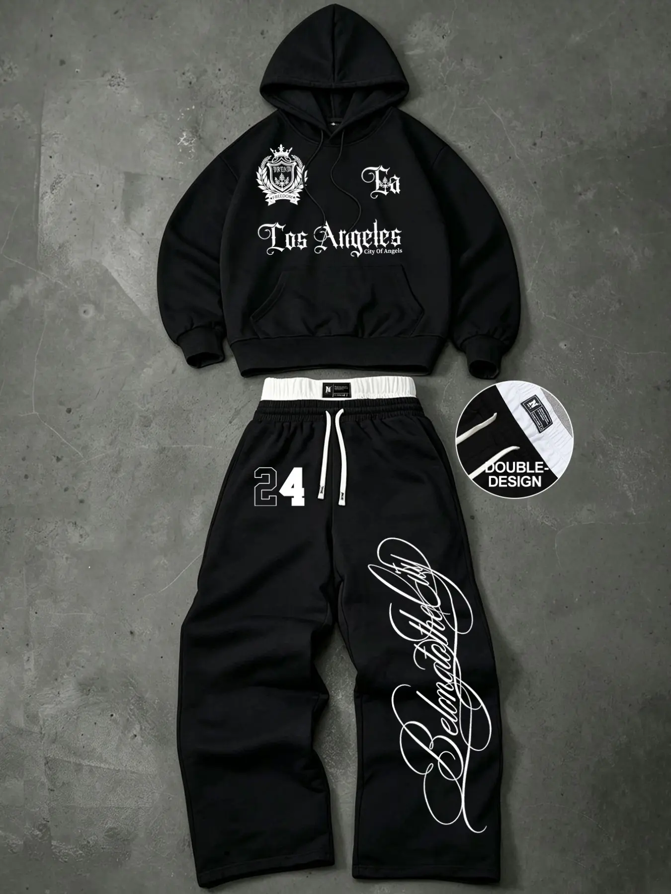 Y2K Streetwear Two Piece Tracksuit Set: Men's & Women's Oversized Gothic Graphic Pullover Hoodie & Double Waistband Baggy Sweatpants for Daily Casual Wear