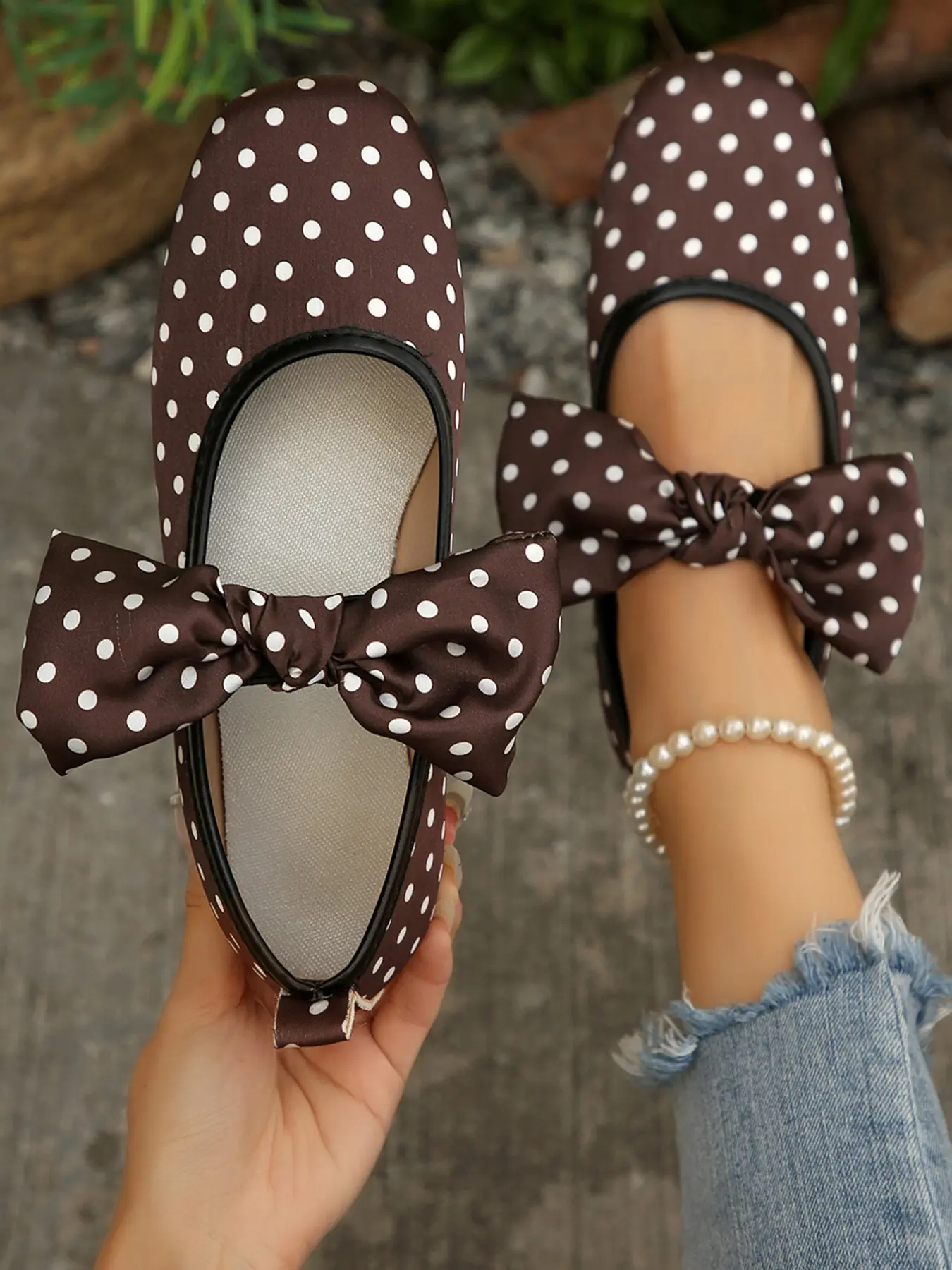 Dot Satin Bow Mary Jane Shoes, Square Toe Low Heel Soft Sole, Vintage French Style, Multicolor Daily Commute Women's Ballet Flats