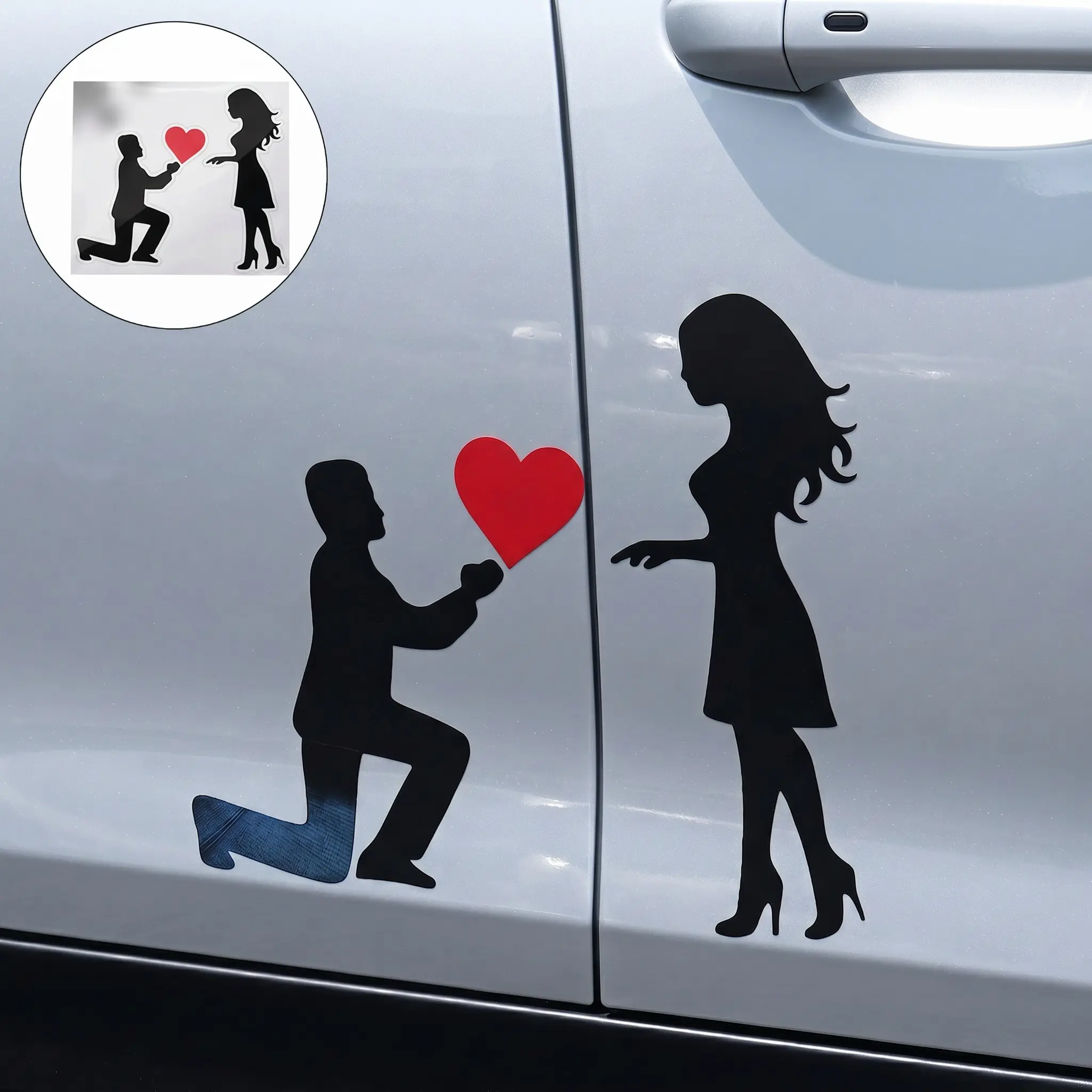 Romantic Couple Car Decal One Knee Kneeling Proposal Pattern Sticker Large Size 14*14cm Left Color Waterproof Self Adhesive Vinyl Decor Easy Paste For Car Rear Windshield Auto Exterior Dating Wedding Romantic Vehicle Surface Ornament Accessory-YY0