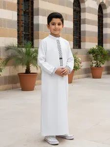 Middle Eastern Muslim Traditional Boys' thobe with White Embroidery and Stand-Up Collar, Long Sleeves with Side Pockets | Durable Clothing for Ramadan Celebrations (Eid al-Fitr/Eid al-Adha), Children's Islamic Clothing, an Excellent Gift