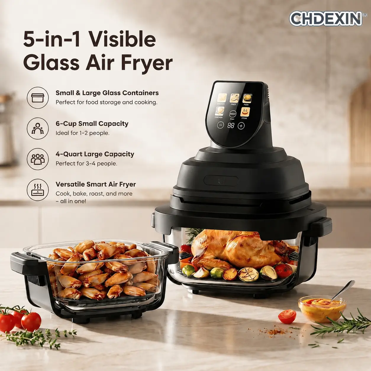 4QT Glass Airfryer, 5-in-1 Pot Style Cooker for Healthy Family Meals, 1500W, Dishwasher Safe with Snap-Lock Lids for Camping, 1500 To 1599 W, Healthy Cooking, Countertop Fryer, Multifunctional Cooker