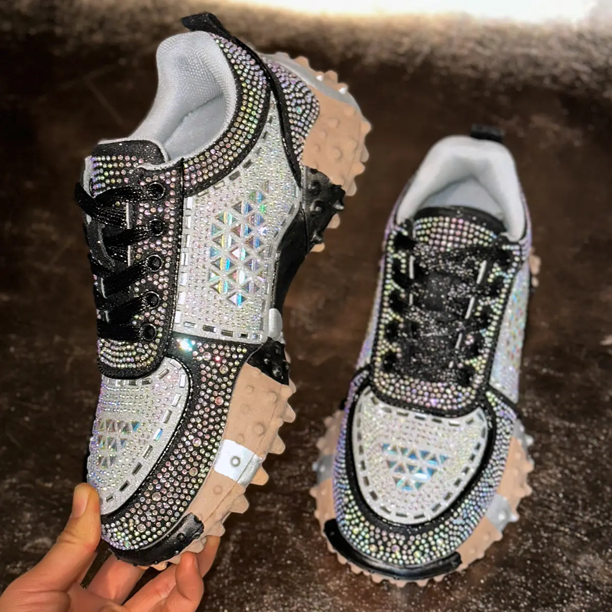 Women's Crystal Embellished Denim Sneakers, Rhinestone Fashion Athletic Shoes with Chain Decor