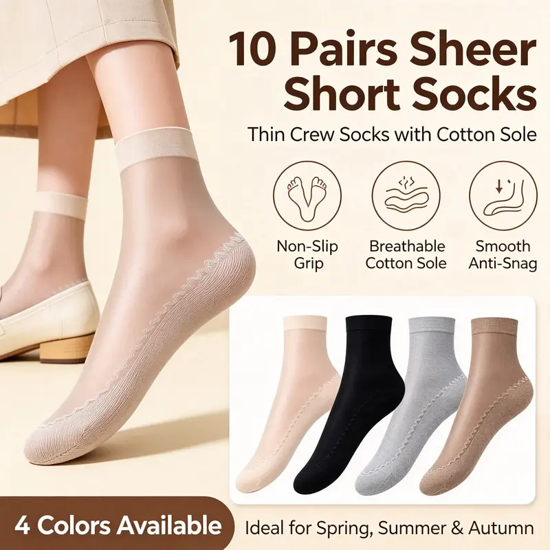 10 Pack Women 30D Nylon Mid Calf Sheer Socks, Anti-Run Snag Resistant Thin Transparent Ankle Hosiery, Cotton Sole Sweat Wicking Non Slip Short Stockings for Spring Summer Autumn, 4 Neutral Skin Tone Colors One Size