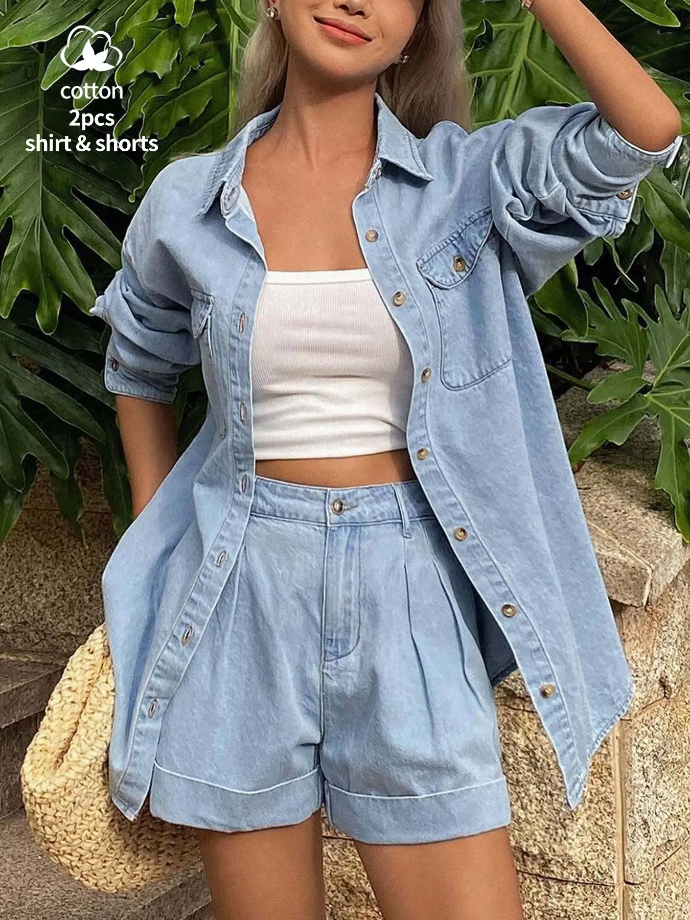 Women's Loose Fit Denim Shirt & High Waist Pleated Shorts Set, Light Blue Washed Denim, Summer Beach Casual Everyday Wear, Comfortable Fashion