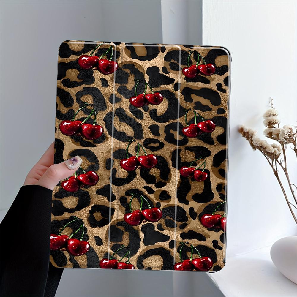 Personalized Leopard and Cherry Pattern Four-Corner Shockproof Tablet Case with Pen Slot, Foldable,Suitable for iPad Mini, Air, Pro 4,5,6,7(2017,2018,2019,2020,2021,2022,2023,2024,2025 models),and Samsung S6,7,8,9,10FE + A7 LTE tablet cases