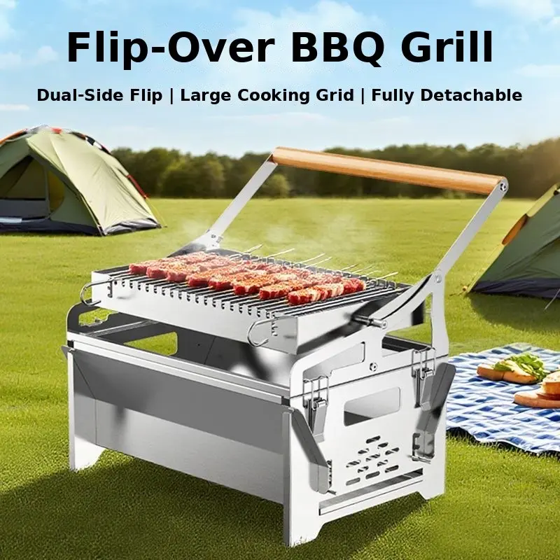 Portable Flip-Over Charcoal Grill, Outdoor Cooking Barbecue – 304 Stainless Steel