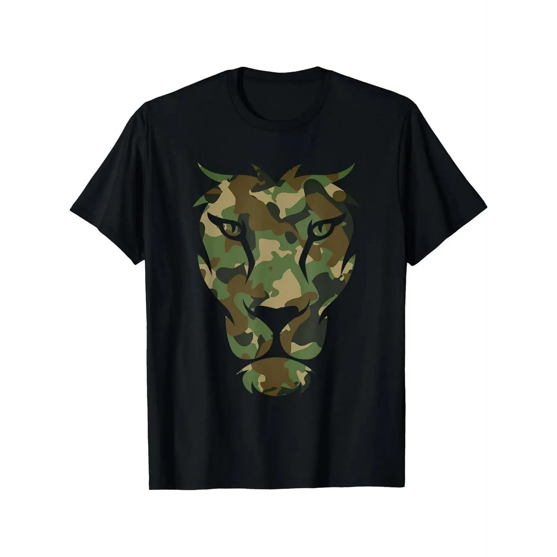 2026 New Arrival Camouflage Lion Head Print T-Shirt, Tropical Streetwear Casual Tee, Crew Neck Short Sleeve Menswear Top, Perfect Dad Gift