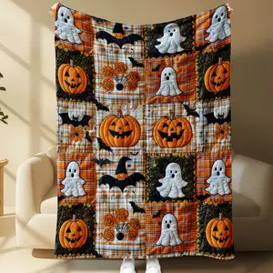 Cute Halloween Pumpkin Ghost Bat Plaid Patchwork Flannel Blanket Soft Warm Throw Blanket, Decorative Couch Bedroom Nap Blanket, Giftable Plush Comfortable Fall Autumn Home Blanket For Holiday All Seasons