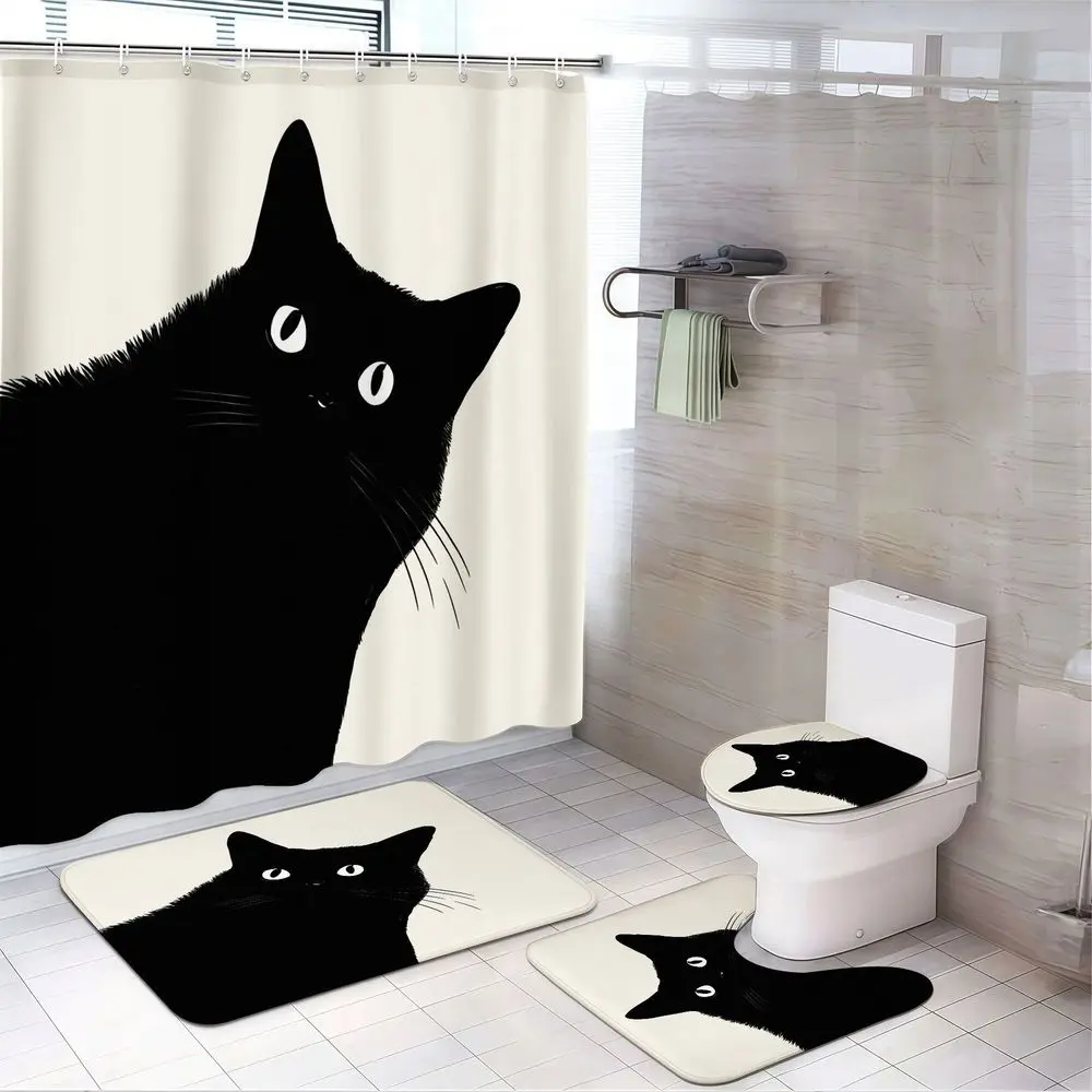 4pcs Cute Black Cat Bathroom Decor Set, Cat Face Print Shower Curtain with Matching Rugs & Toilet Cover, Minimalist Whiskers Kitty Theme, Holiday Gift for Halloween & Cozy Home Style