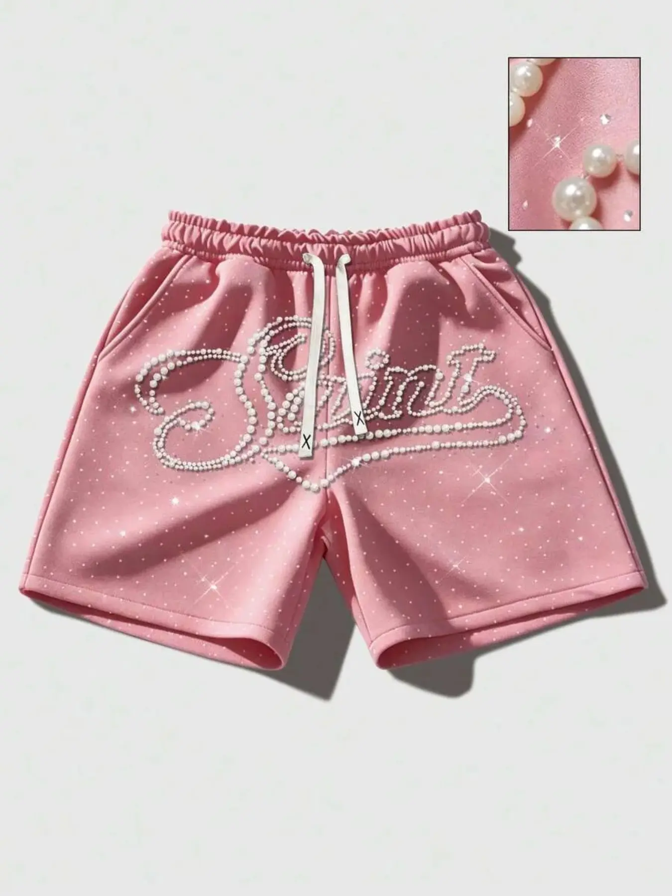 3D nail bead rhinestone sparkling, Baggy shorts for both men and women, with the slogan 'saint', Letter shorts, casual street style, men's shorts, trendy Fashion brand 2026 summer new Y2K beach pants, pink Bottom
