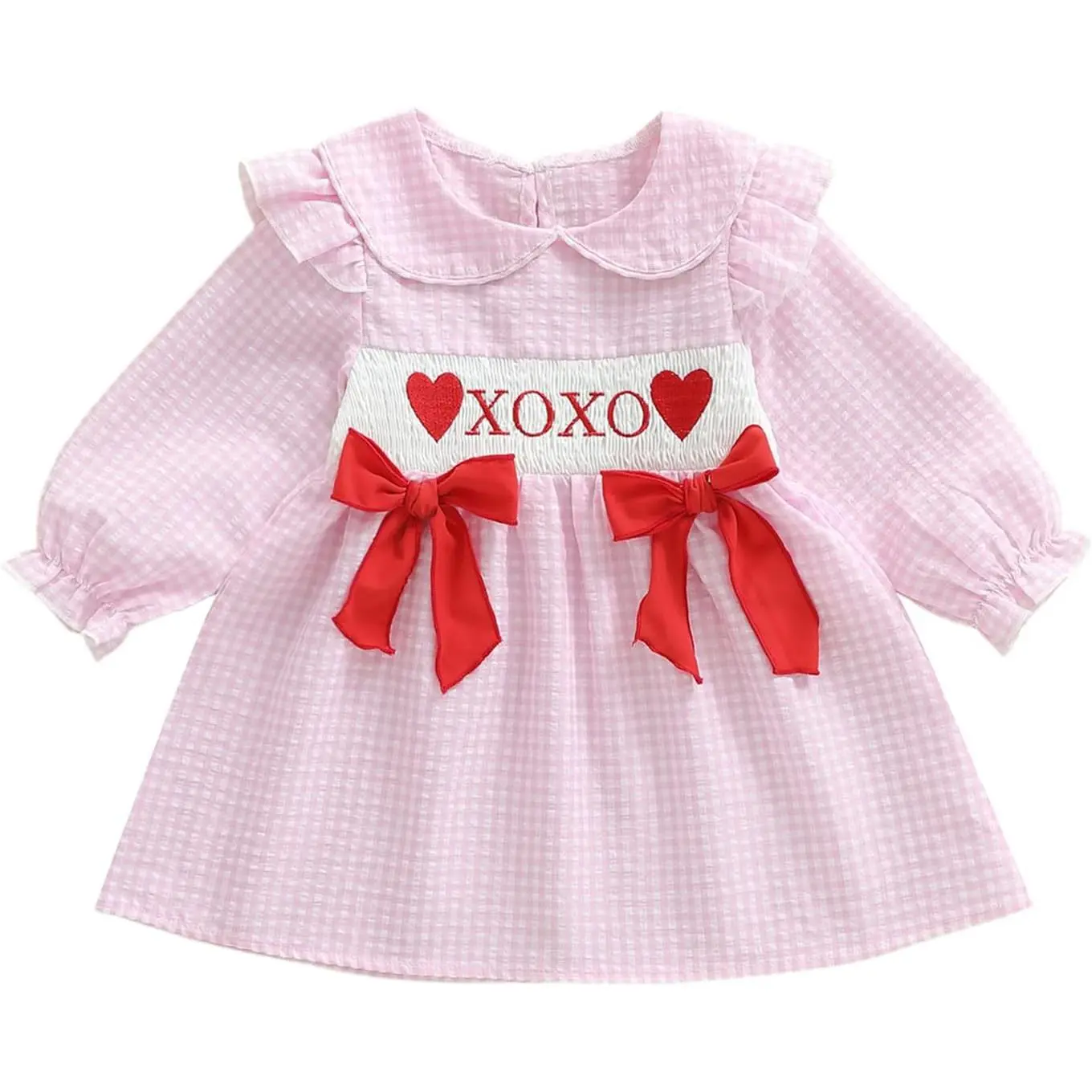 Toddler Girl's St. Patrick's Day Smocked Dress - Long Sleeve, Doll Collar, Green Clover Plaid, Shamrock Embroidery, 1-2 Years