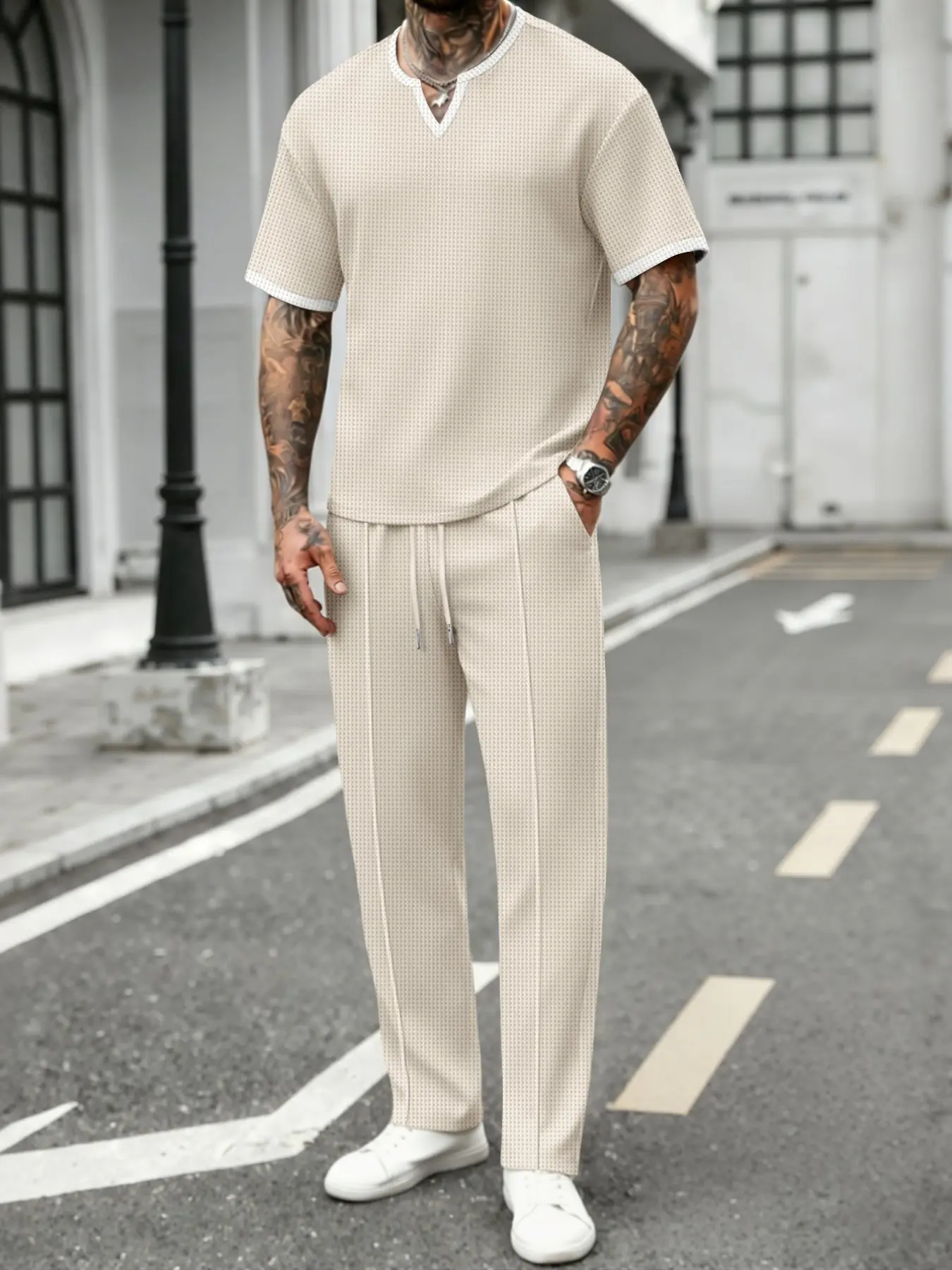 Men's Plaid Two-Piece Set, V-Neck Short Sleeve Top, Drawstring Wide Leg Pants, Casual, Comfortable and Stylish, Clothes