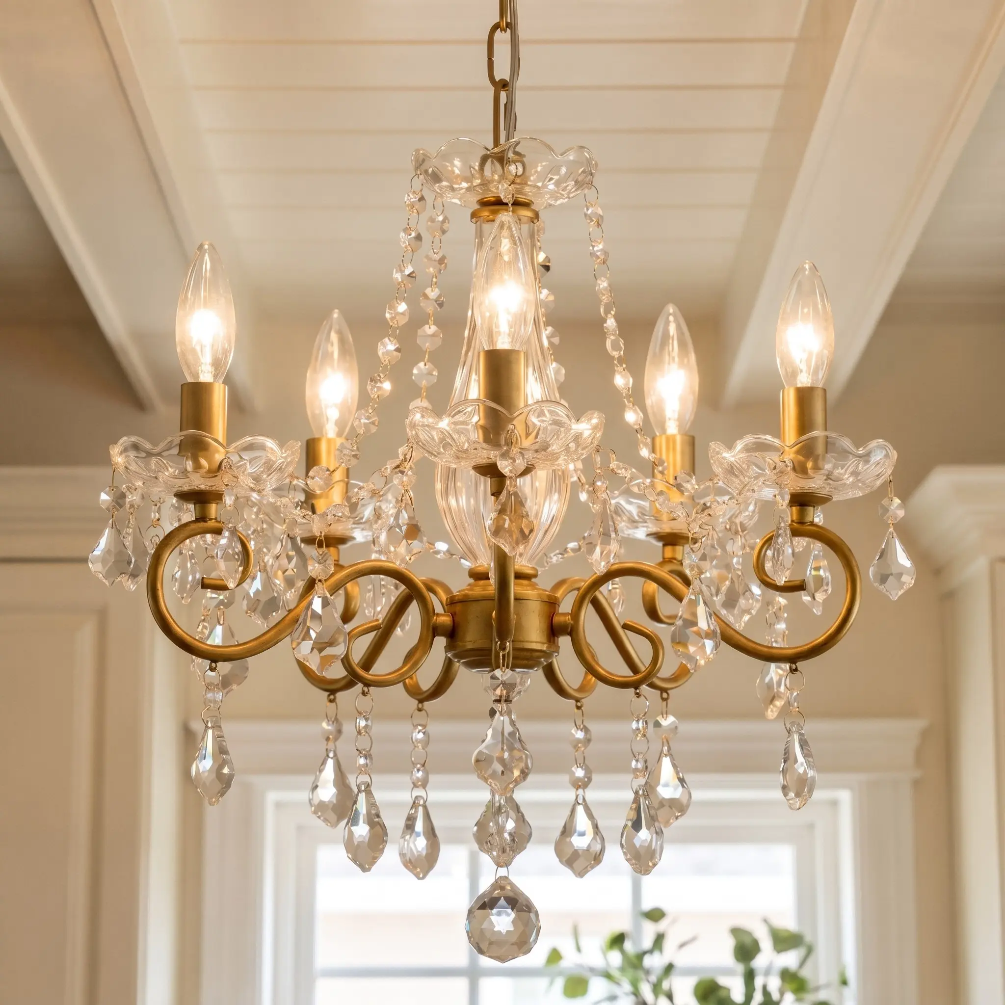 1pc Modern Gold Crystal Chandelier, Vintage Farmhouse Candelabra K9 Crystal Pendant Light, Hanging Dining Room Crystal Light, Opulent Rustic Sparkle, Elegant Lighting, Suitable for Bedroom/Living Room/Hallway, E14 Base, Bulbs Not Included