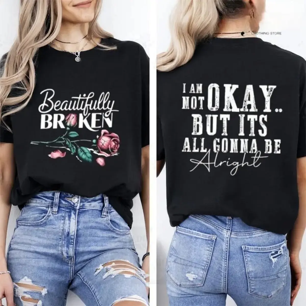 Beautifully Broken, Not Okay Tee  Casual Street Style Crew Neck Short Sleeve T-Shirt Tops Trendy For Women  Perfect Gift Fit Crewneck