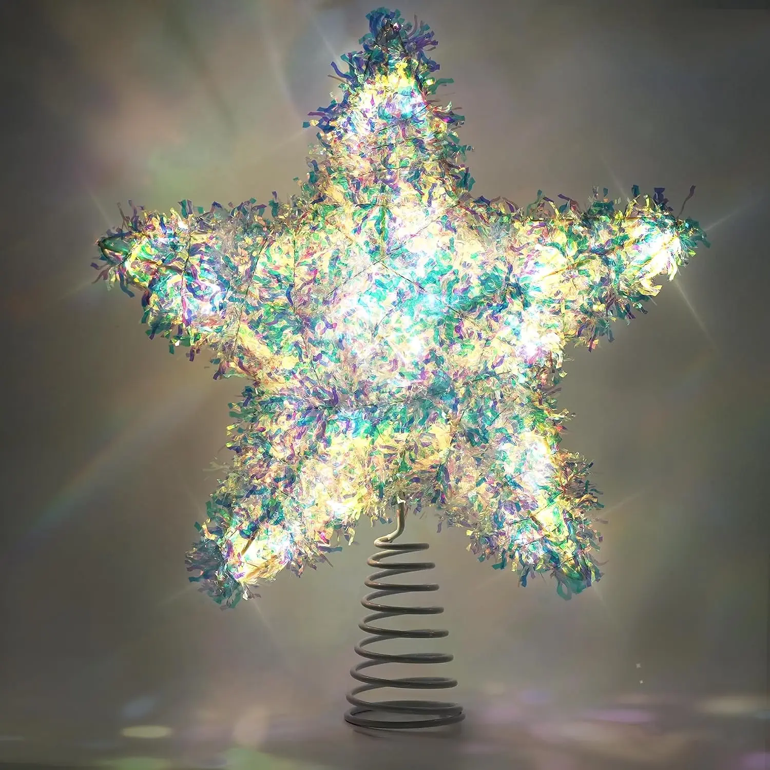 Christmas Tree Topper , Exquisite Christmas Decor, 10 Inch Shiny Iridescent Christmas Tree Decoration with 6H Timer, 20 Warm LED Lights for Xmas Tree, Holiday & Party, Indoor Decor