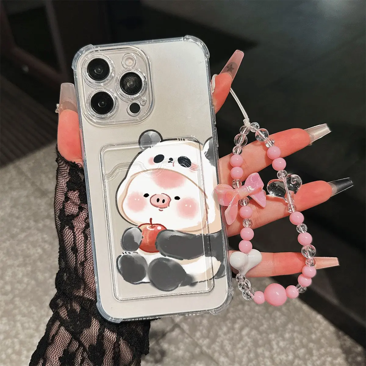 Cute Panda Wearing Piggy Costume Phone Case with Card Slot Bead Lanyard Shockproof Cover for iPhone 11-16 Pro Max