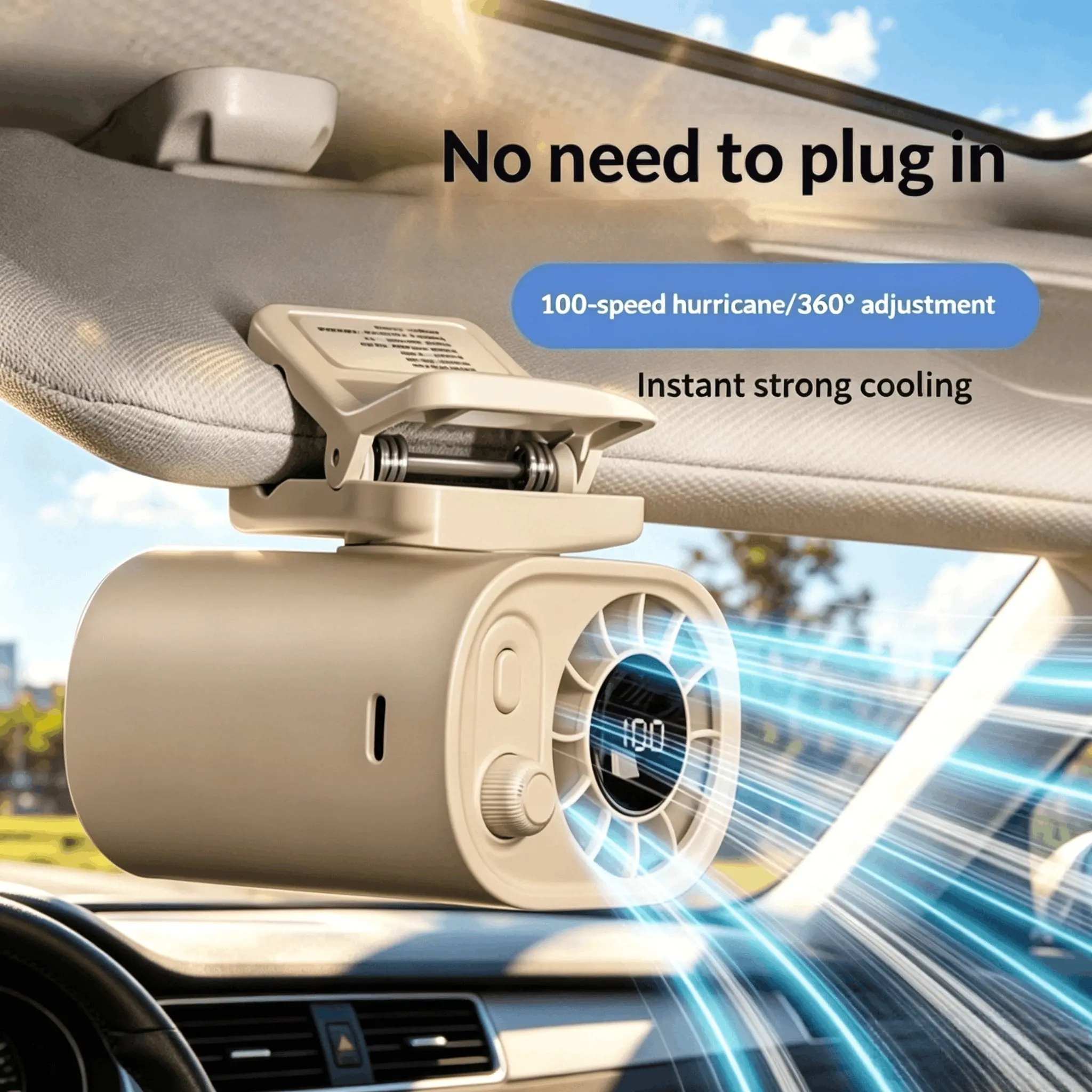 Car Clip-On Fan, Umbrella Clip-On Fan, No Cooling Function, with LED Display, Portable Led Fan, 360° Rotation, 100 Speeds, Adjustable, USB Rechargeable, Outdoor Travel Essential