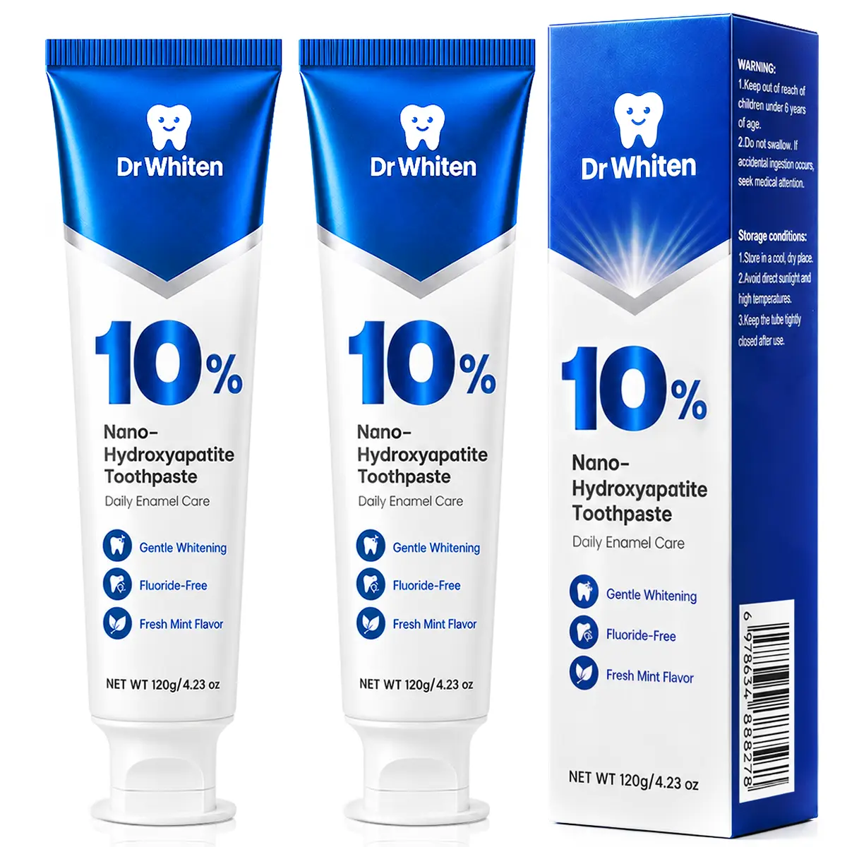 DrWhiten 10% Nano Hydroxyapatite Toothpaste - Fluoride-Free, 4.23 fl oz (120g), Sensitive Safe, Deep Cleaning Enamel Care, Gentle Whitening, Fresh Mint Breath, Twice Daily Use