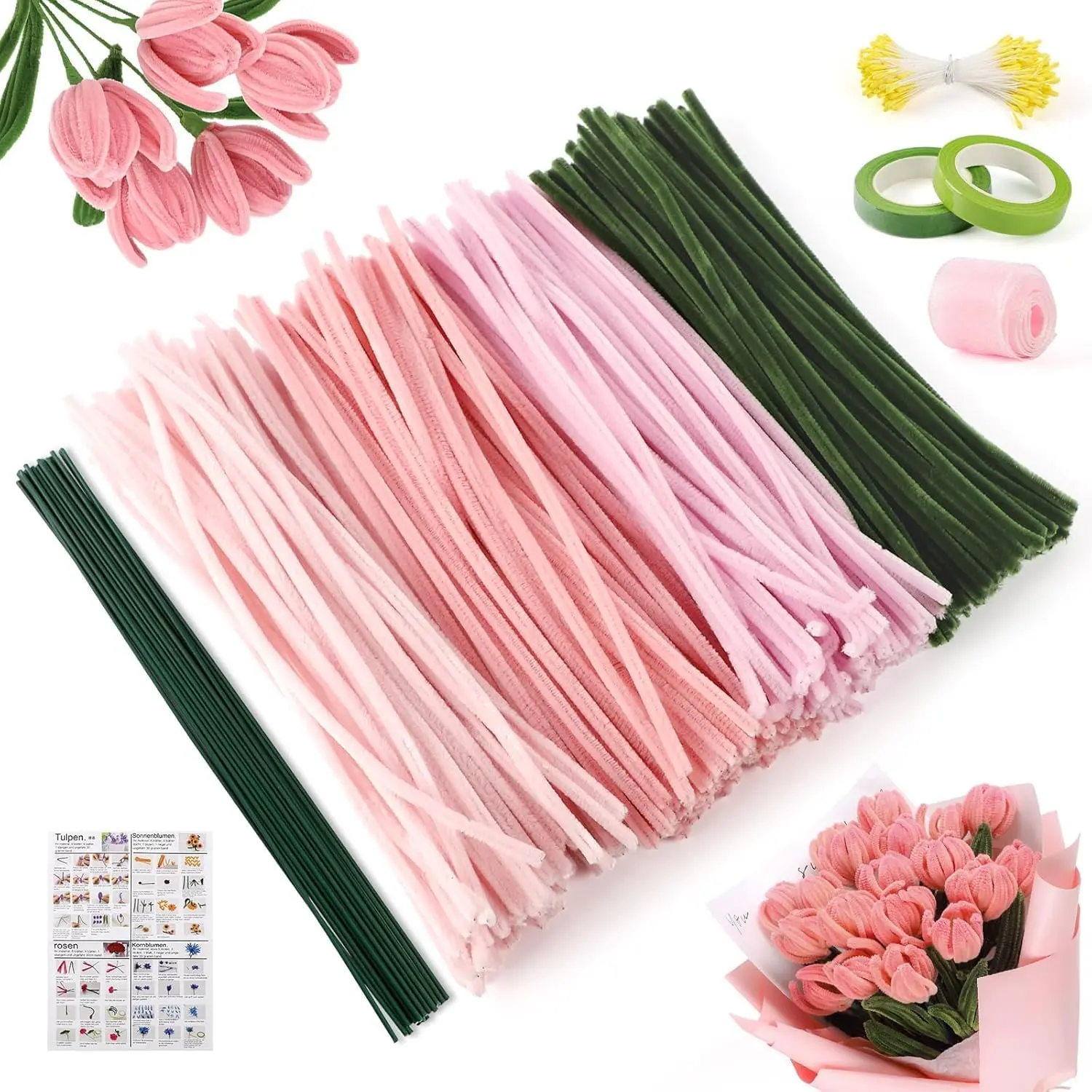 400 count  Pipe Cleaners Kit, 4 Colors Chenille Stems DIY Bouquet | 12"  Fuzzy Stalks with Floral Wire Stems, Tape & Ribbon.  for Family Activities, School Arts & Flower Crafts