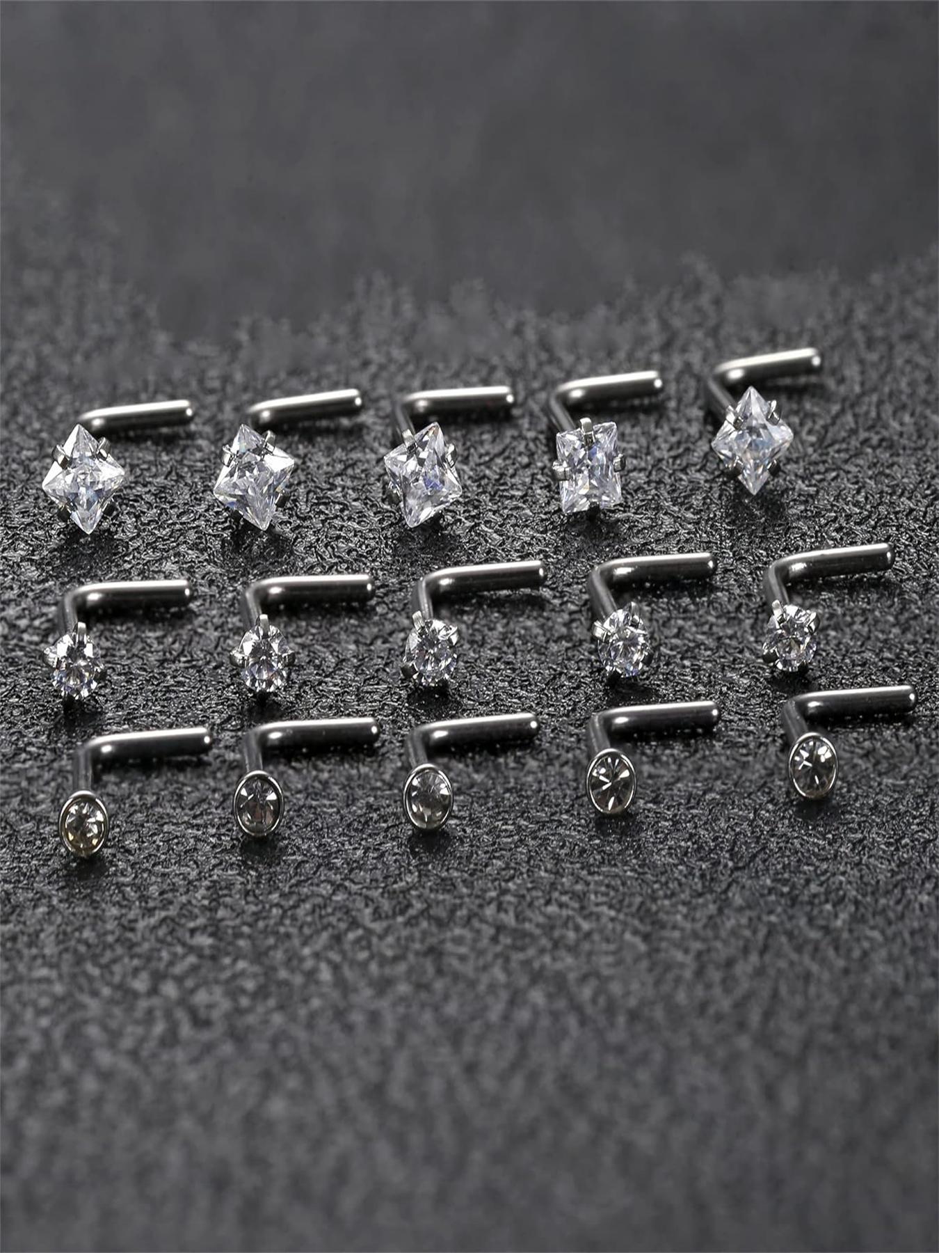 15pcs Minimalist Rhinestone Decor Nose Ring, L Shaped Screw Studs Rings, Stainless Steel Body Jewelry, Nose Piercing Jewelry for Men & Women