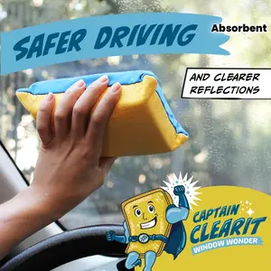 Captain Clear Window Miracle - Large Super Absorbent Anti-Fog Sponge | Suitable for Cars, Mirrors, Glass, etc. - No Trace Easy to Clean, Indoor and Outdoor Universal Cleaning Tool | Optimistic Design | Polyester Material