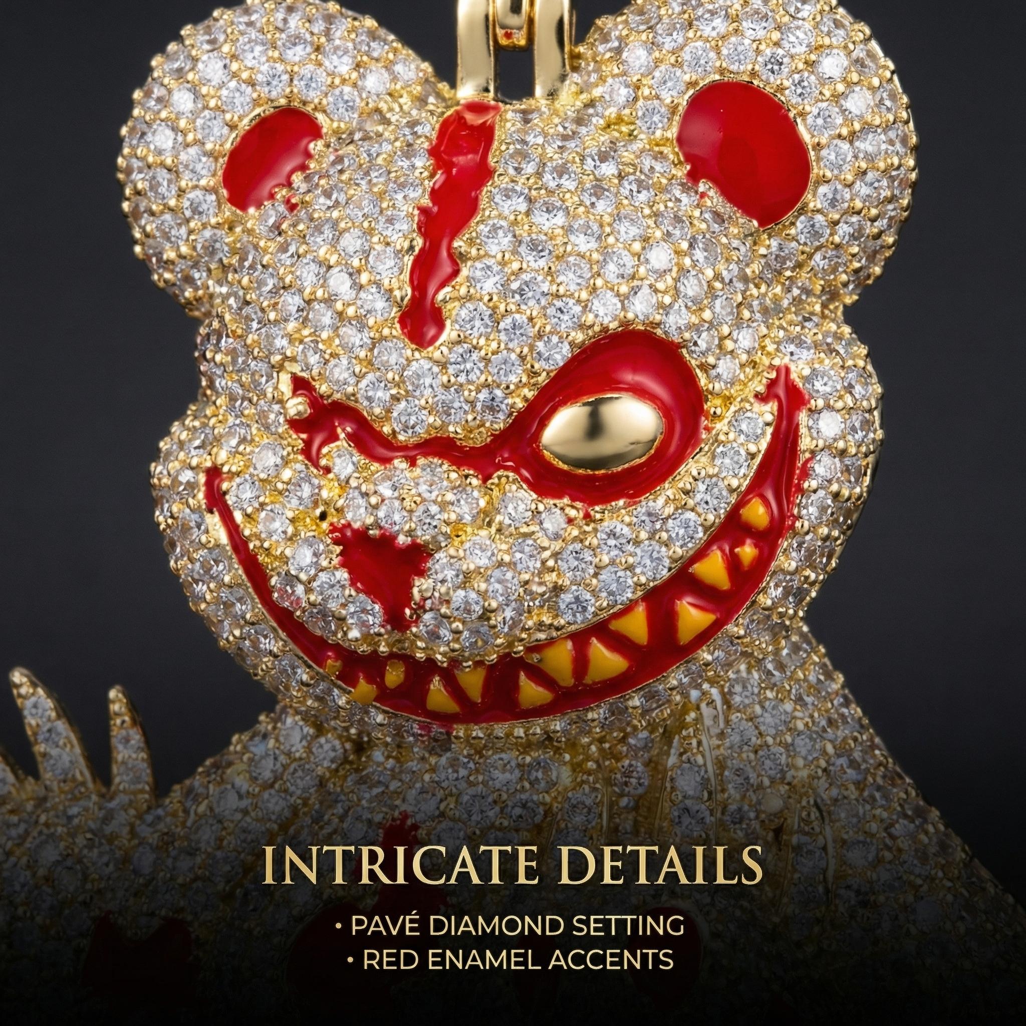 Iced Out Evil Teddy Bear Pendant Necklace, Savage Bloody Bear Mascot CZ Hip Hop Jewelry, Edgy Y2K Street Luxury Drip with Rope Chain