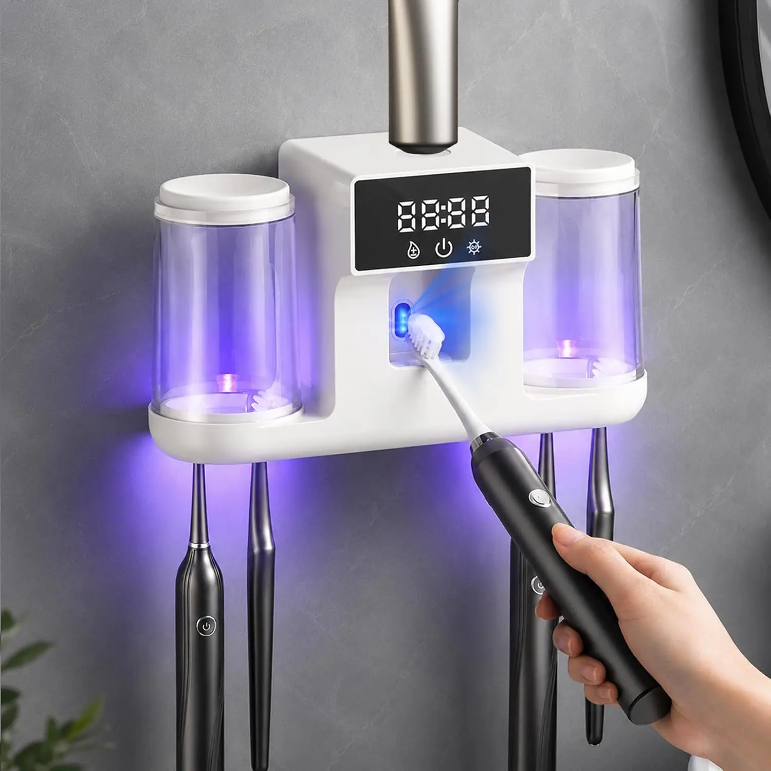Toothbrush Holder Wall Mounted, 2 Cups Toothbrush Holder with and Drying, Electric Toothpaste Dispenser, Box with 4 Toothbrush Slot for (White)