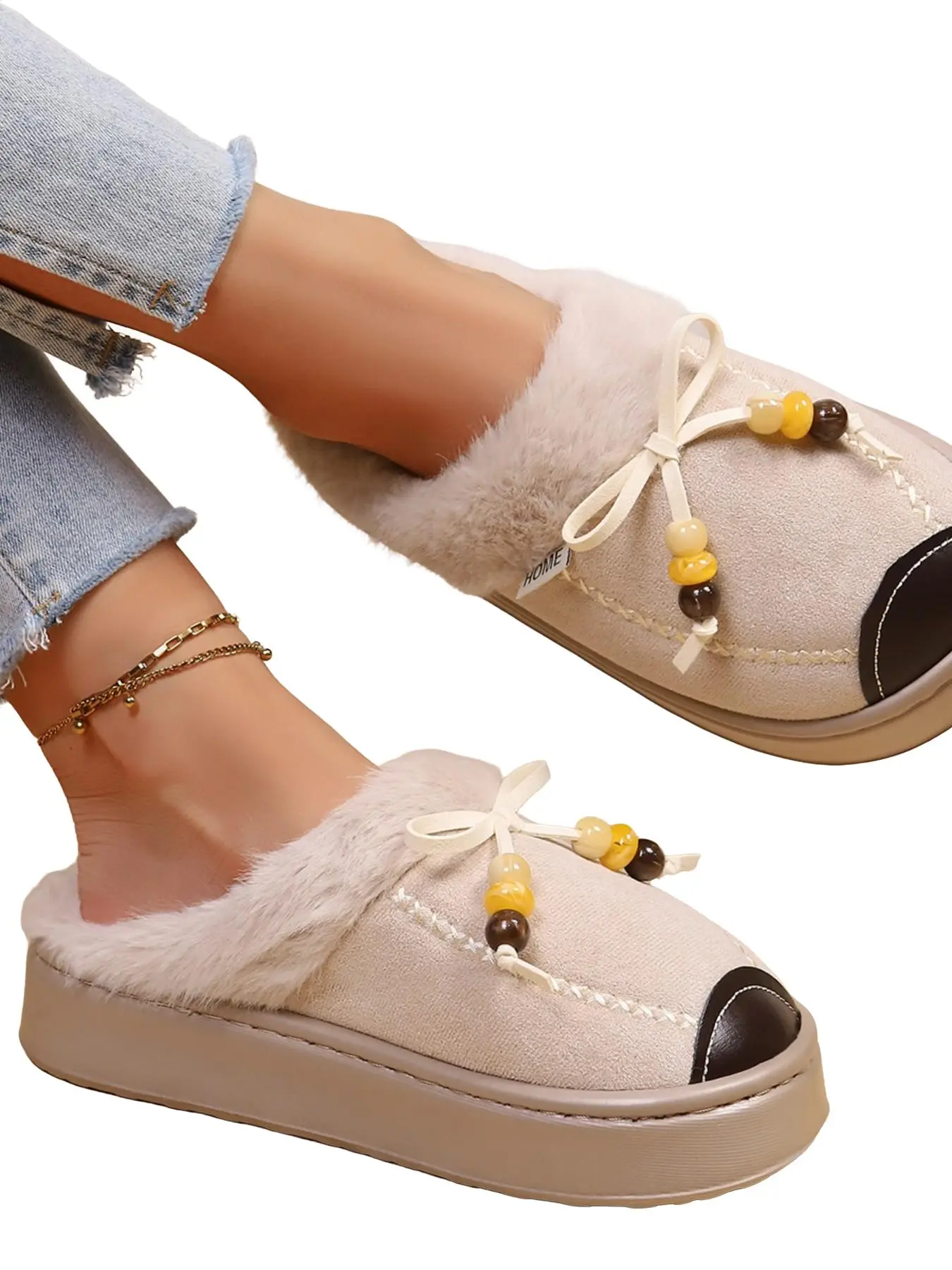 2026 Fall Winter Traditional Beaded Plush Head Cover Slippers, Thickened Warm Anti-Slip Flat Sole Outdoor Cotton Slippers