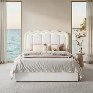White Wavy Cloud Velvet Platform Bed Frame, Twin/Full/Queen Size Adjustable Upholstered Headboard with Smart LED Lights, Noise-Free Wooden Slat Mattress Base, No Box Spring Needed, Easy Assemble Modern Bedroom Storage Bed Furniture