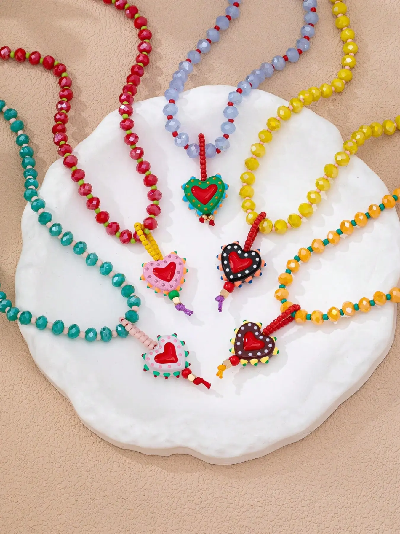 5 Pc Boho Colorful Beaded Heart Pendant Necklaces, Hand Painted Dot Design Love Heart Charm Bead Choker Necklaces for Women, Y2K Jewelry, Boho Style Necklace, Assorted Beaded Necklaces