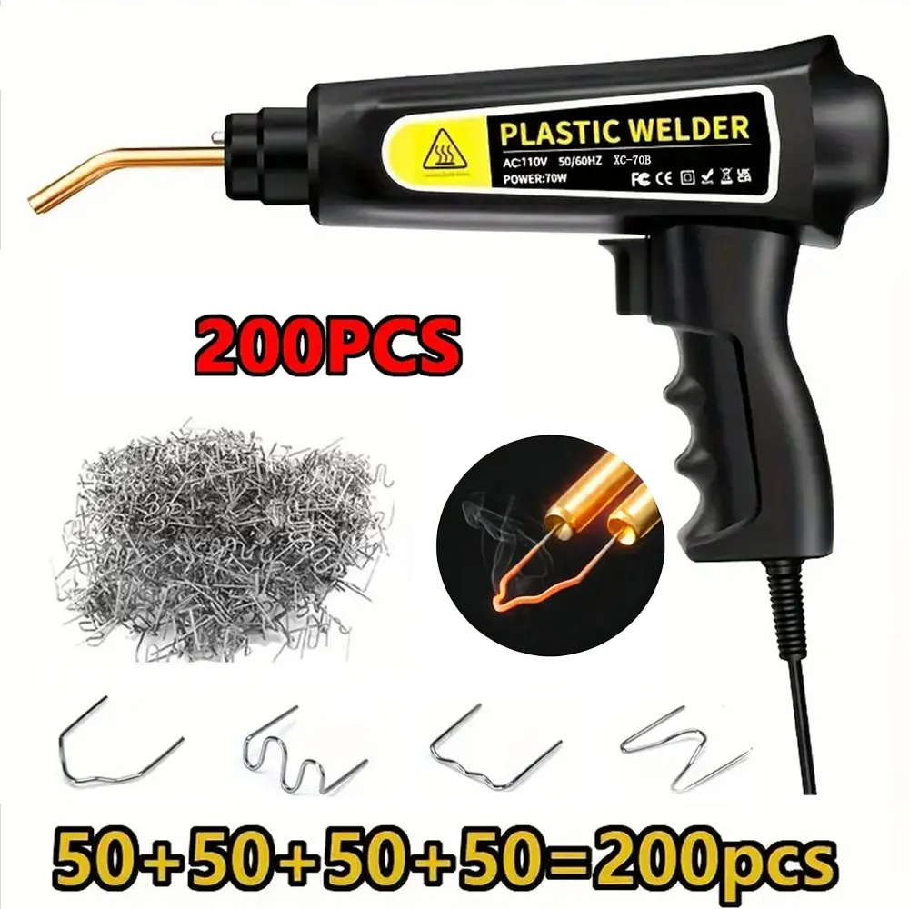 Thermoplastic Welding Gun, Car Plastic Repair Tool, Quick Heating PVC Fix Kit, 200 Pins, Plastic Welder, for Bumper Cracks, Kayaks, Plastic Toys
