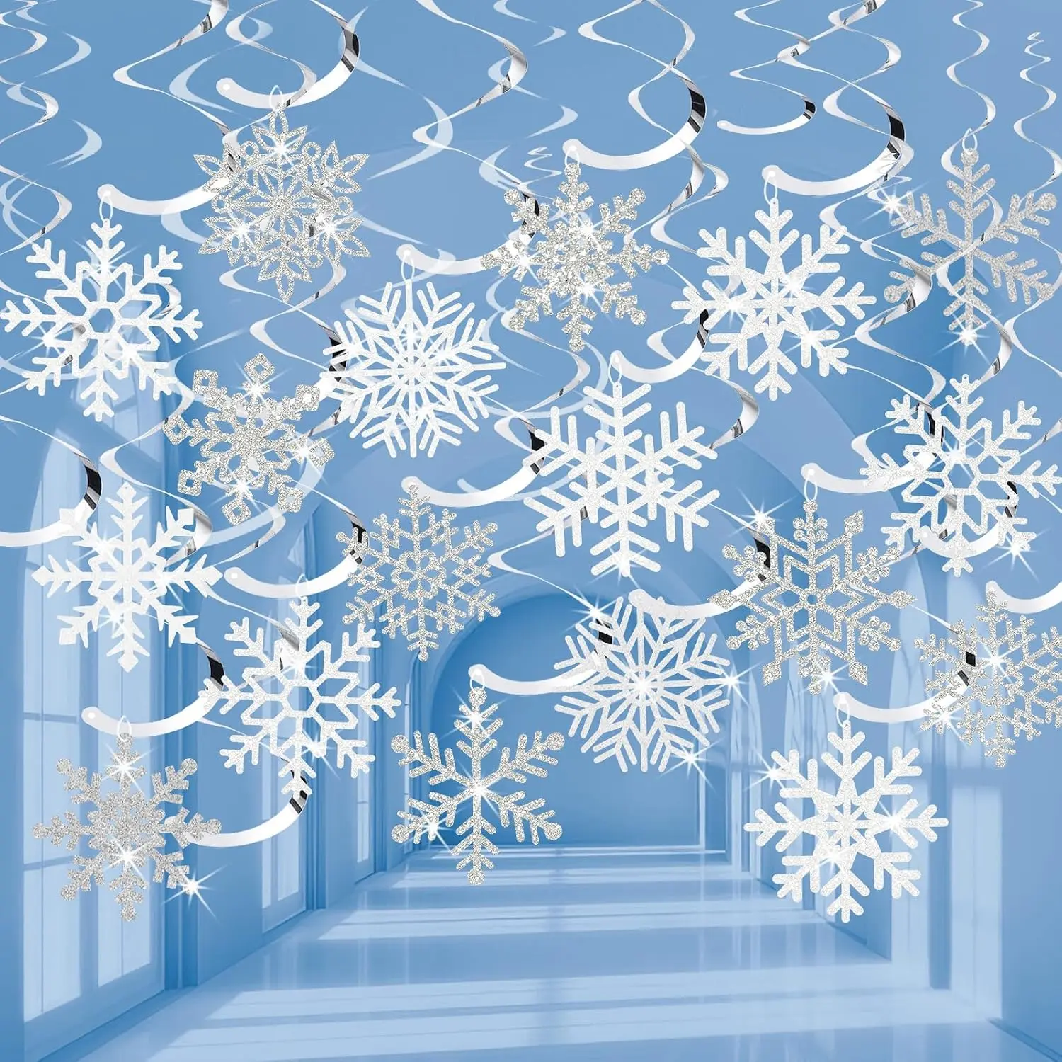30 count Winter Snowflake  Swirl Decorations, White  Christmas Glitter Snowflake  Swirls Ornaments Ceiling Streamers for Xmas Winter Wonderland Frozen  Year Birthday Party Supplies