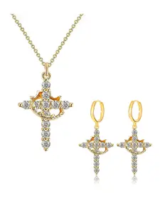 Women's cross necklace, gold crown cross set, jewelry for women of faith, Christian religious gift cross earrings, fashionable and luxurious high-end jewelry earrings and ear studs.