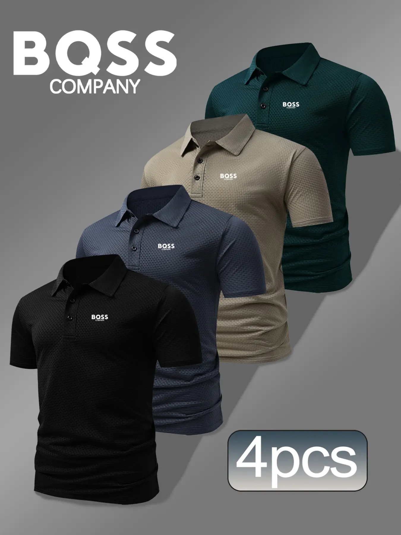 Men's Casual Fitted Polo Shirt, Geometric Print, Breathable & Stretchy, All-Season Wear, Comfortable & Durable, 4-Pack Set
