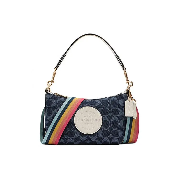 COACH Dempsey 18 Classic Monogram Canvas Tote Bag for Women – Rainbow Strap, Blue Signature Print